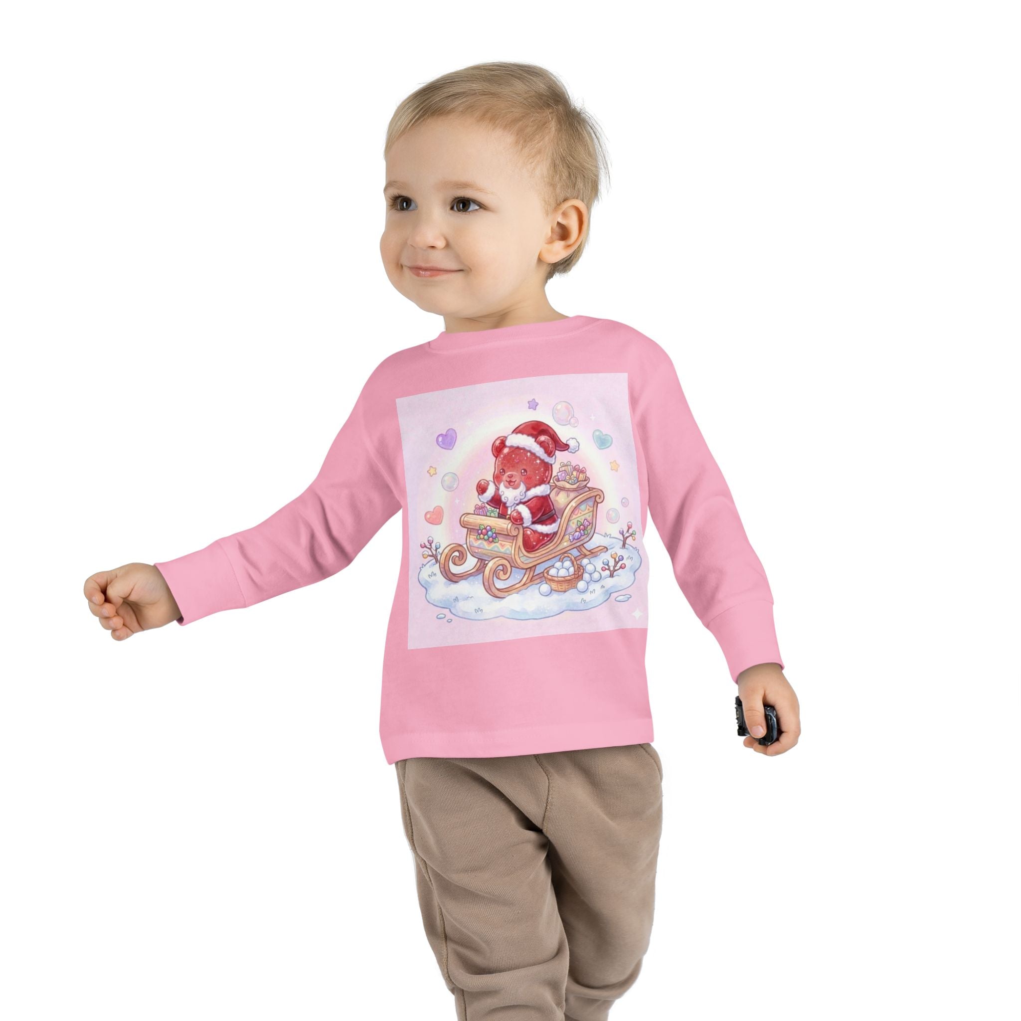 Cute Santa Oozy Bear in Sleigh Christmas- Graphic Long Sleeve Shirt