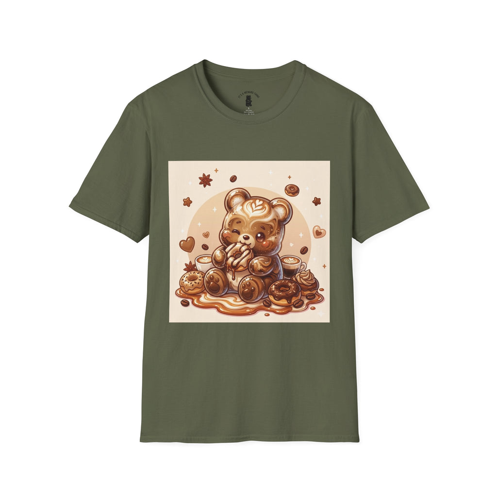 Coffee hot Latte with Chocolate Donuts Gooey Gummy Bear — Cute Dessert Graphic Tee