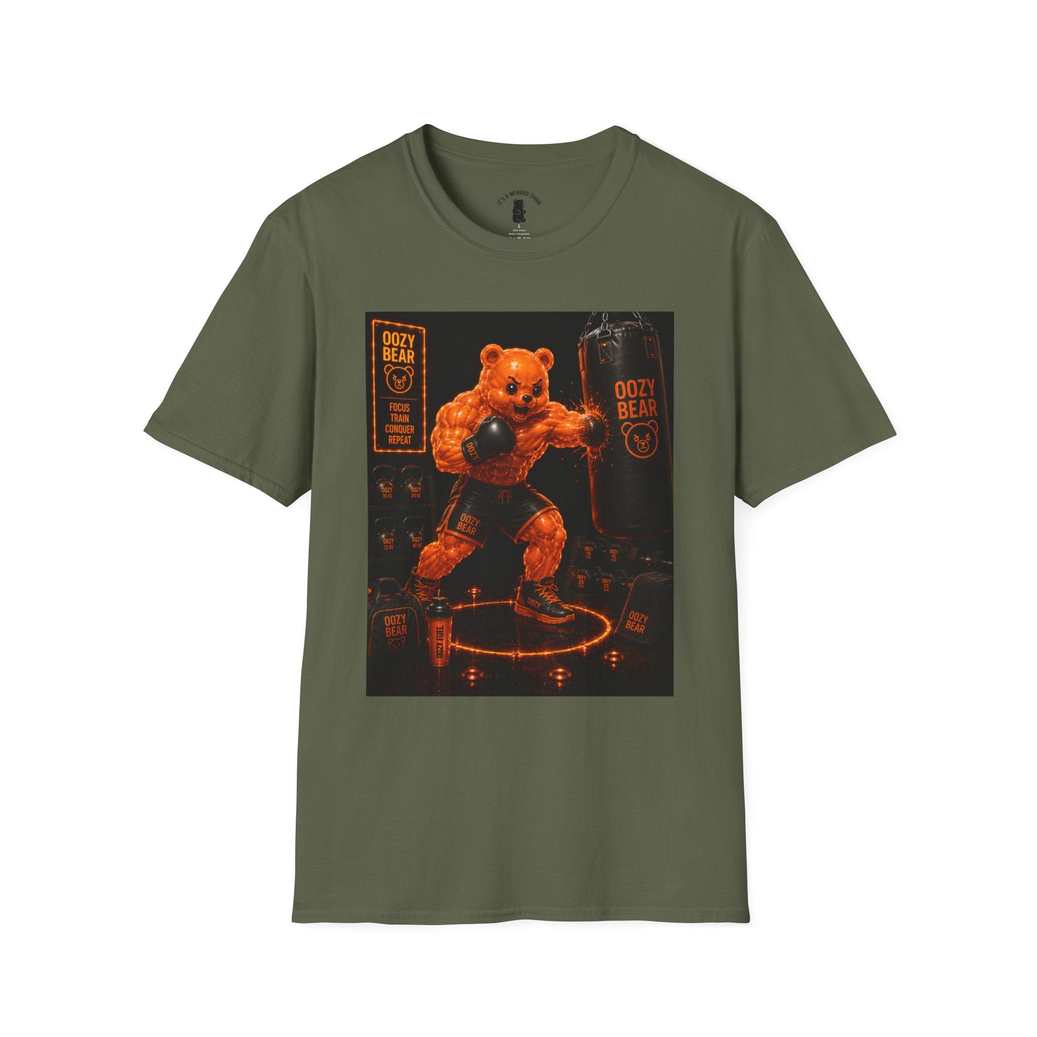 Retro Fighting Ring Workout, Orange Oozy Buff Bear Gummy Gym Addition- Adult Graphic Shirt
