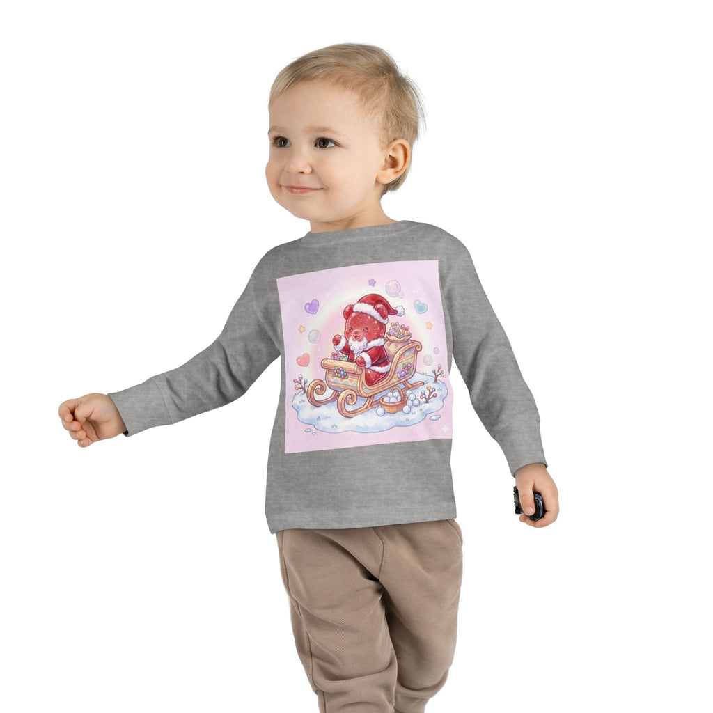 Cute Santa Oozy Bear in Sleigh Christmas- Graphic Long Sleeve Shirt