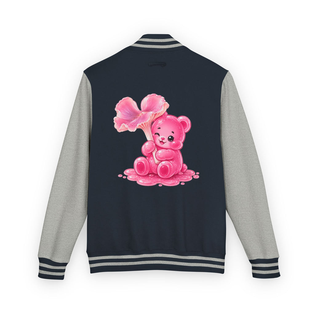 Pink Wax Cap Mushroom, Gooey Gummy Bear Friend — Kawaii Graphic Varsity Jacket