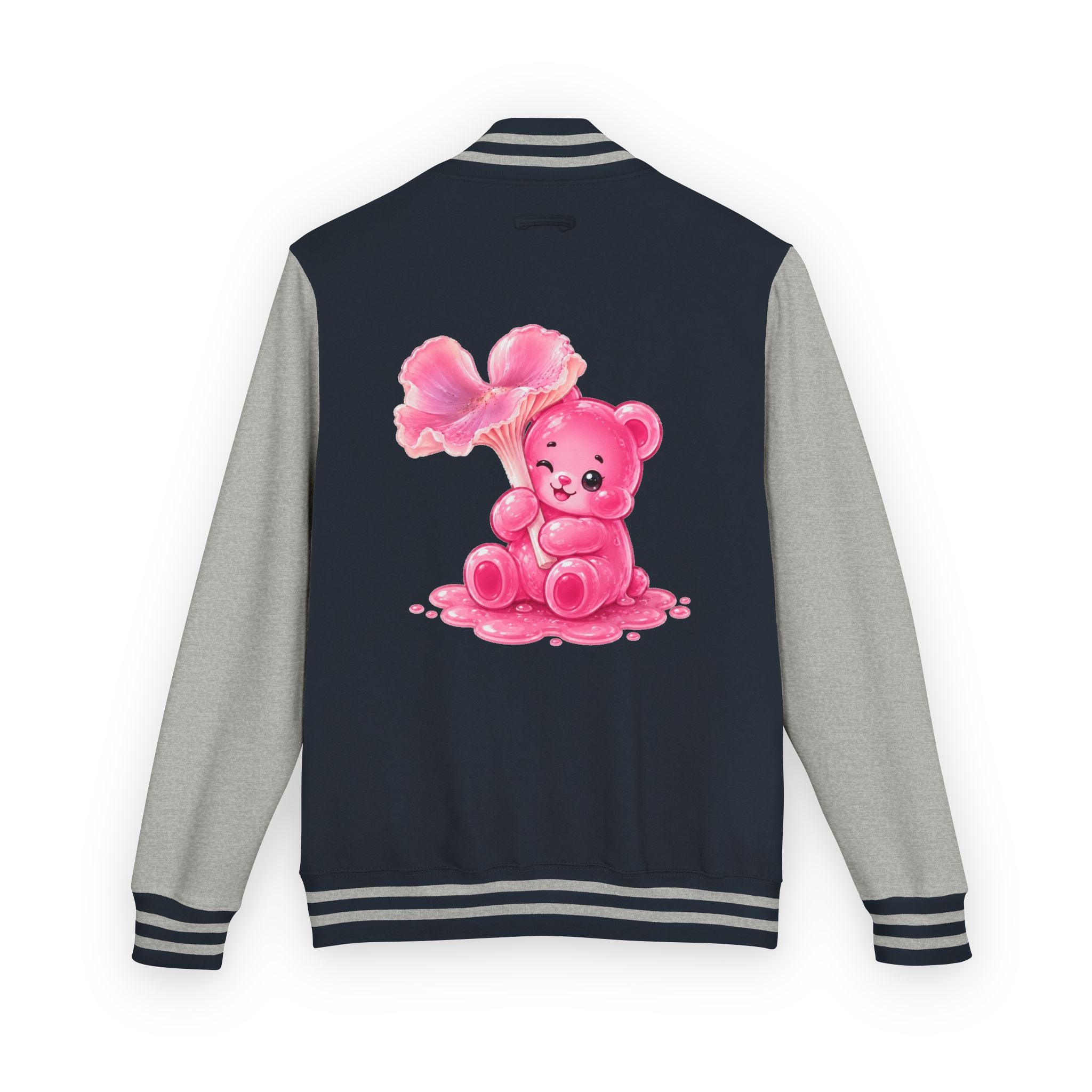 Pink Wax Cap Mushroom, Gooey Gummy Bear Friend — Kawaii Graphic Varsity Jacket