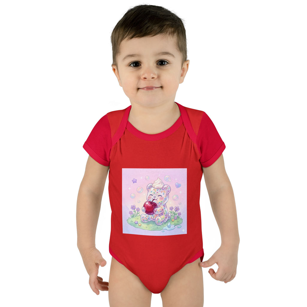 Gooey Gummy Birthday Sprinkles Cake bear eating a Cherry- Infant Onesie