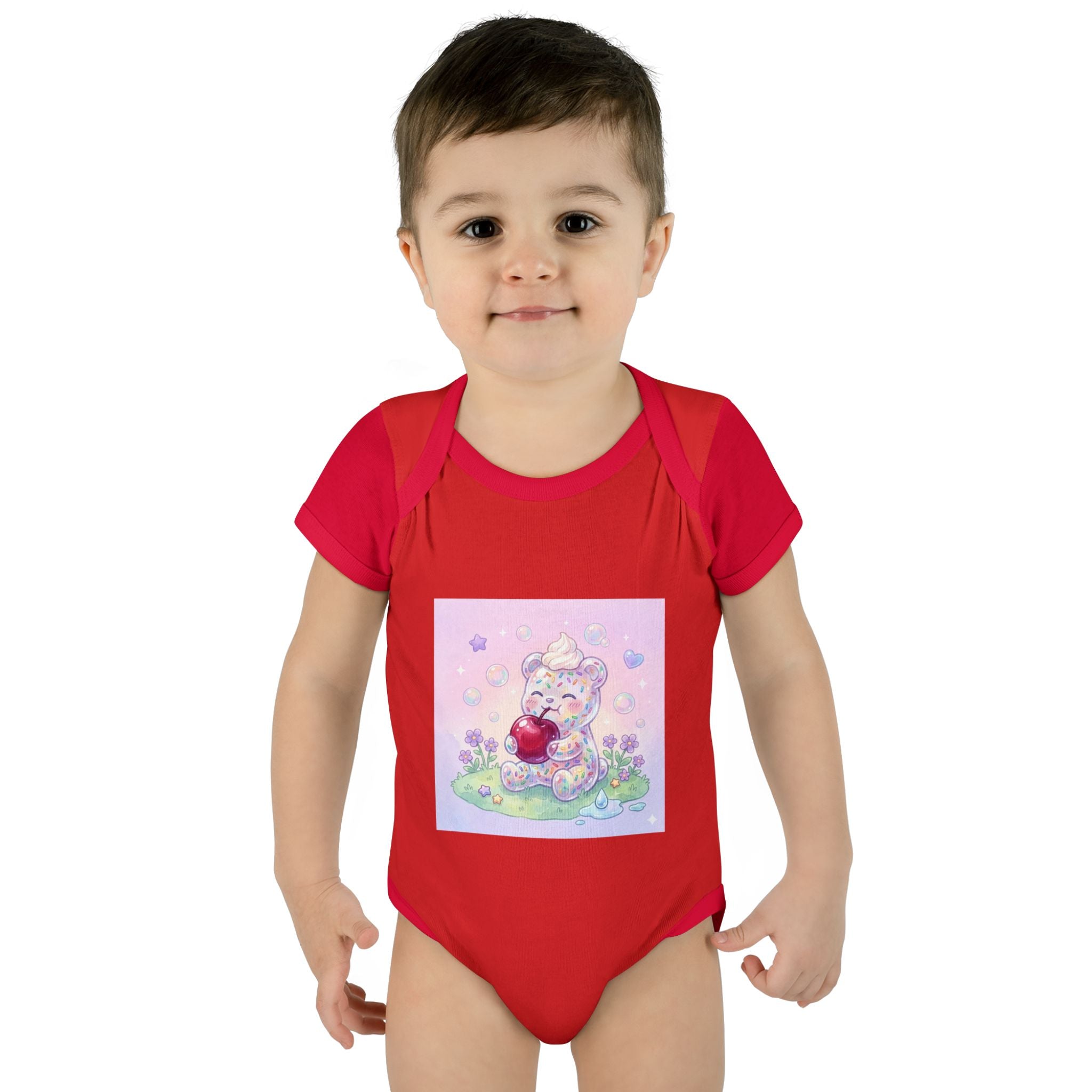 Gooey Gummy Birthday Sprinkles Cake bear eating a Cherry- Infant Onesie