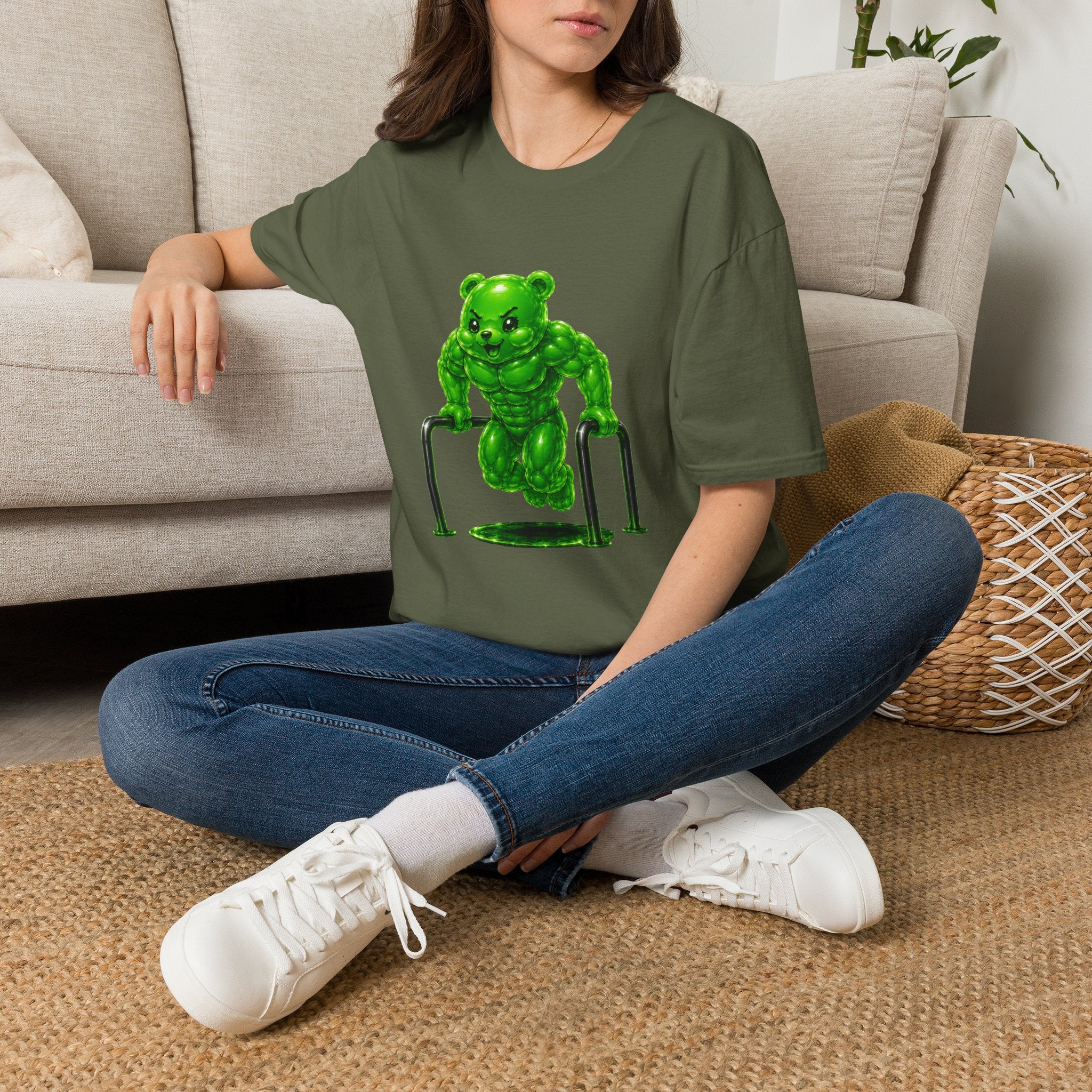Bar Lifting Workout, Emerald green Oozy Buff Bear Gym Special- Adult Graphic Shirt (18+)