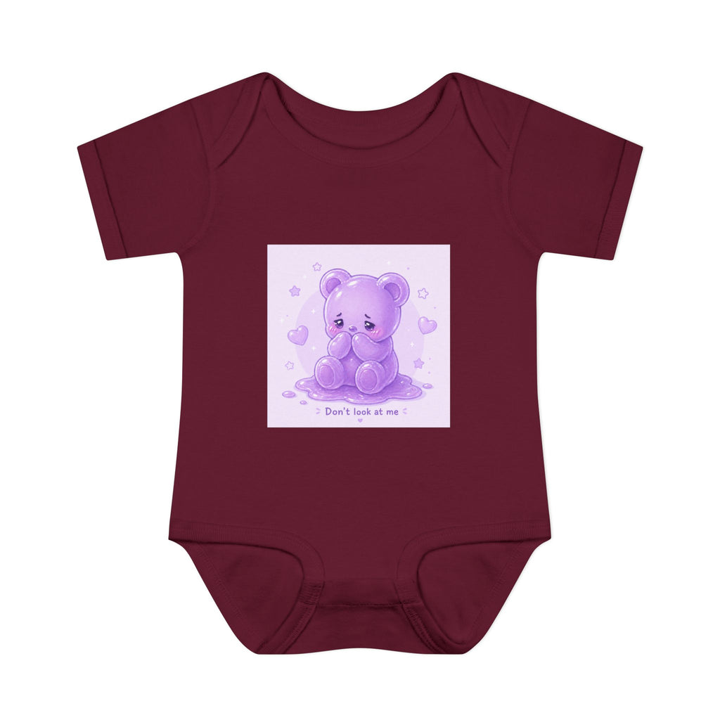 Purple Gooey Gummy Shy bear Baby Bodysuit - "Don't Look at Me" Cute Infant Onesie