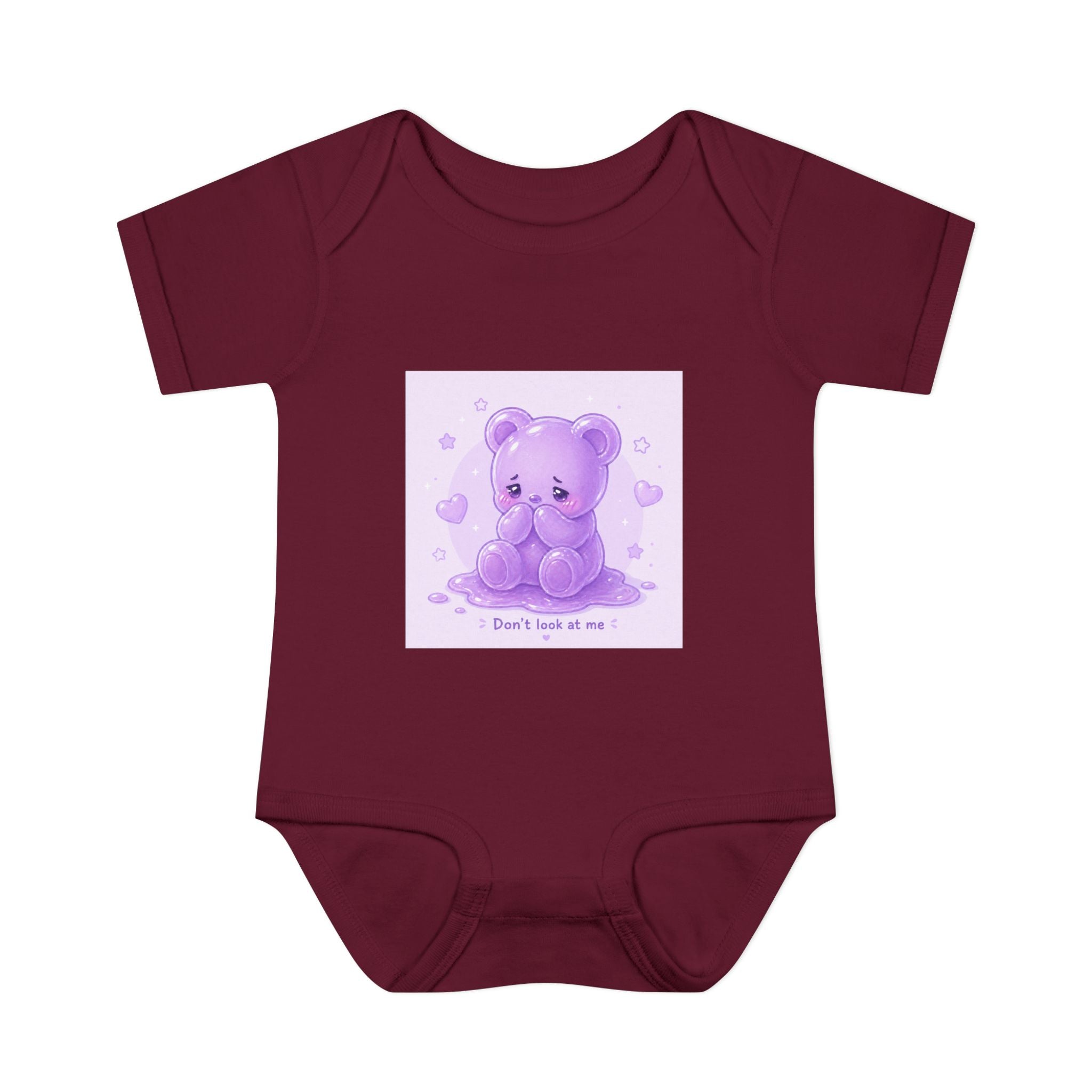 Purple Gooey Gummy Shy bear Baby Bodysuit - "Don't Look at Me" Cute Infant Onesie