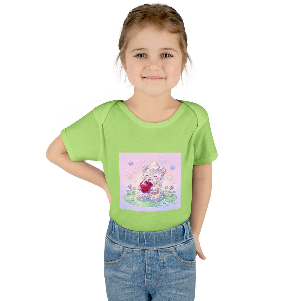 Gooey Gummy Birthday Sprinkles Cake bear eating a Cherry- Infant Onesie