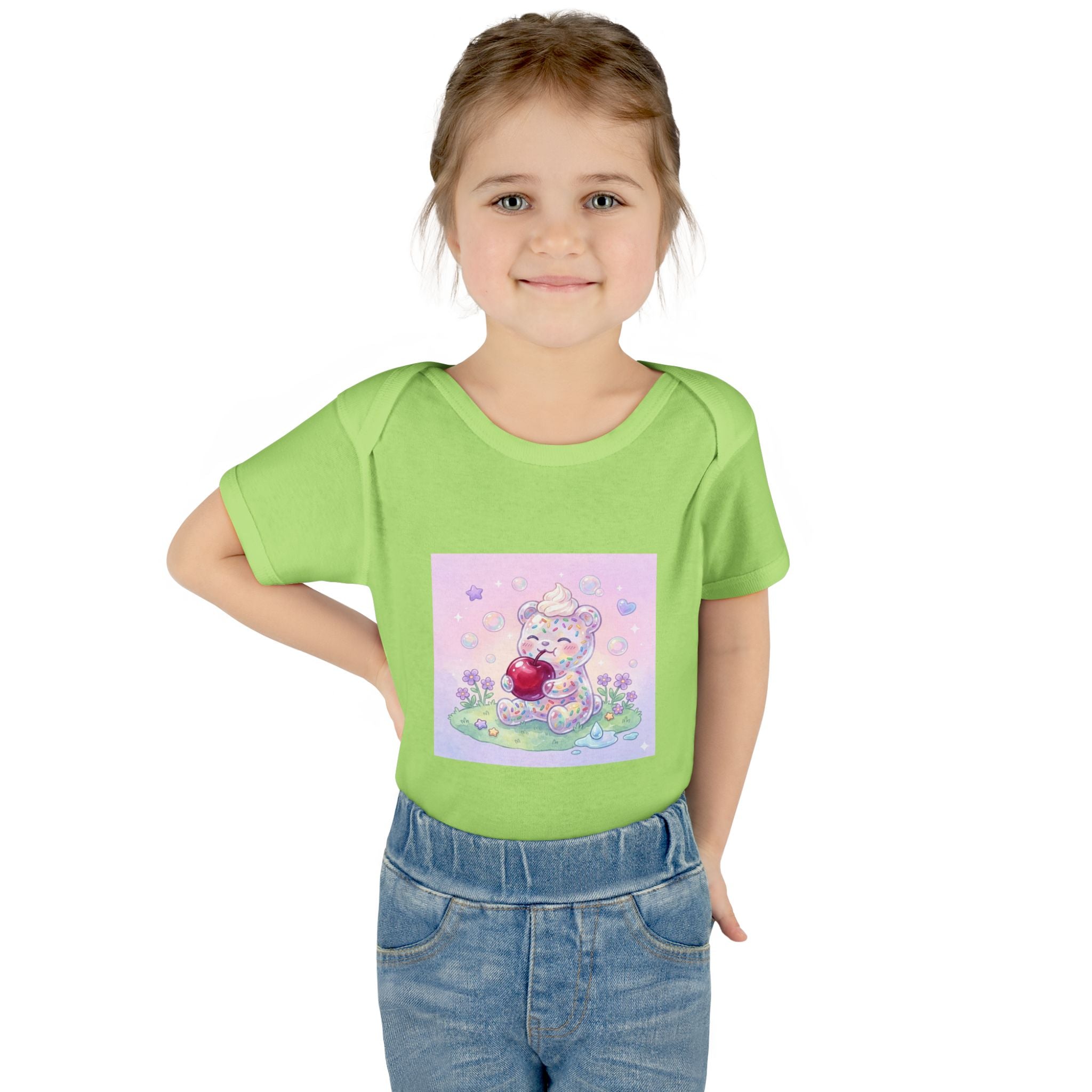 Gooey Gummy Birthday Sprinkles Cake bear eating a Cherry- Infant Onesie