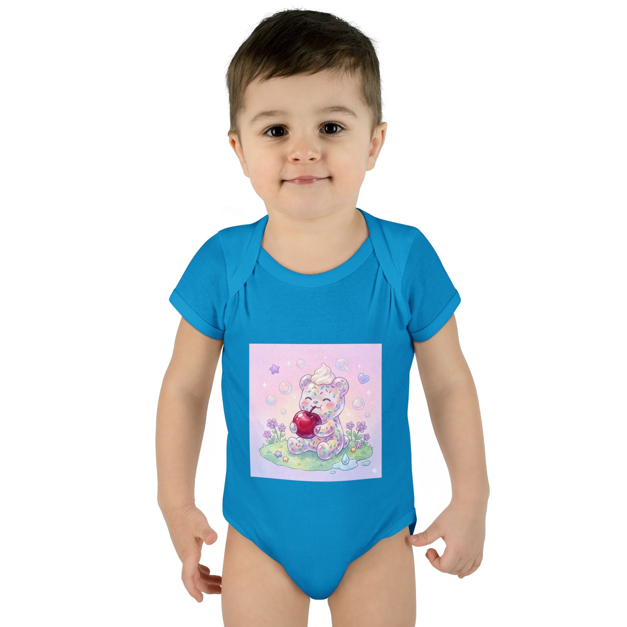 Gooey Gummy Birthday Sprinkles Cake bear eating a Cherry- Infant Onesie