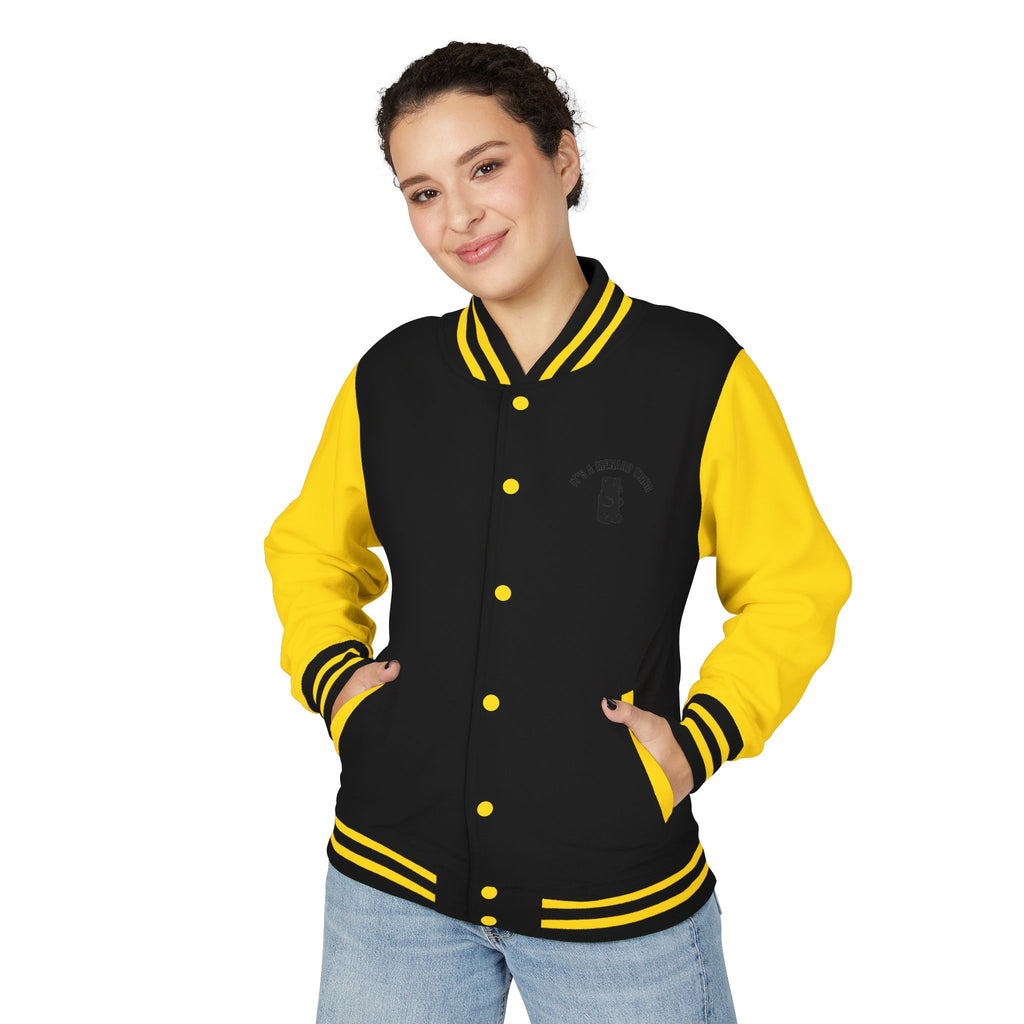White Mushroom Umbrella, Black Gooey Gummy Bear — Kawaii Graphic Varsity Jacket