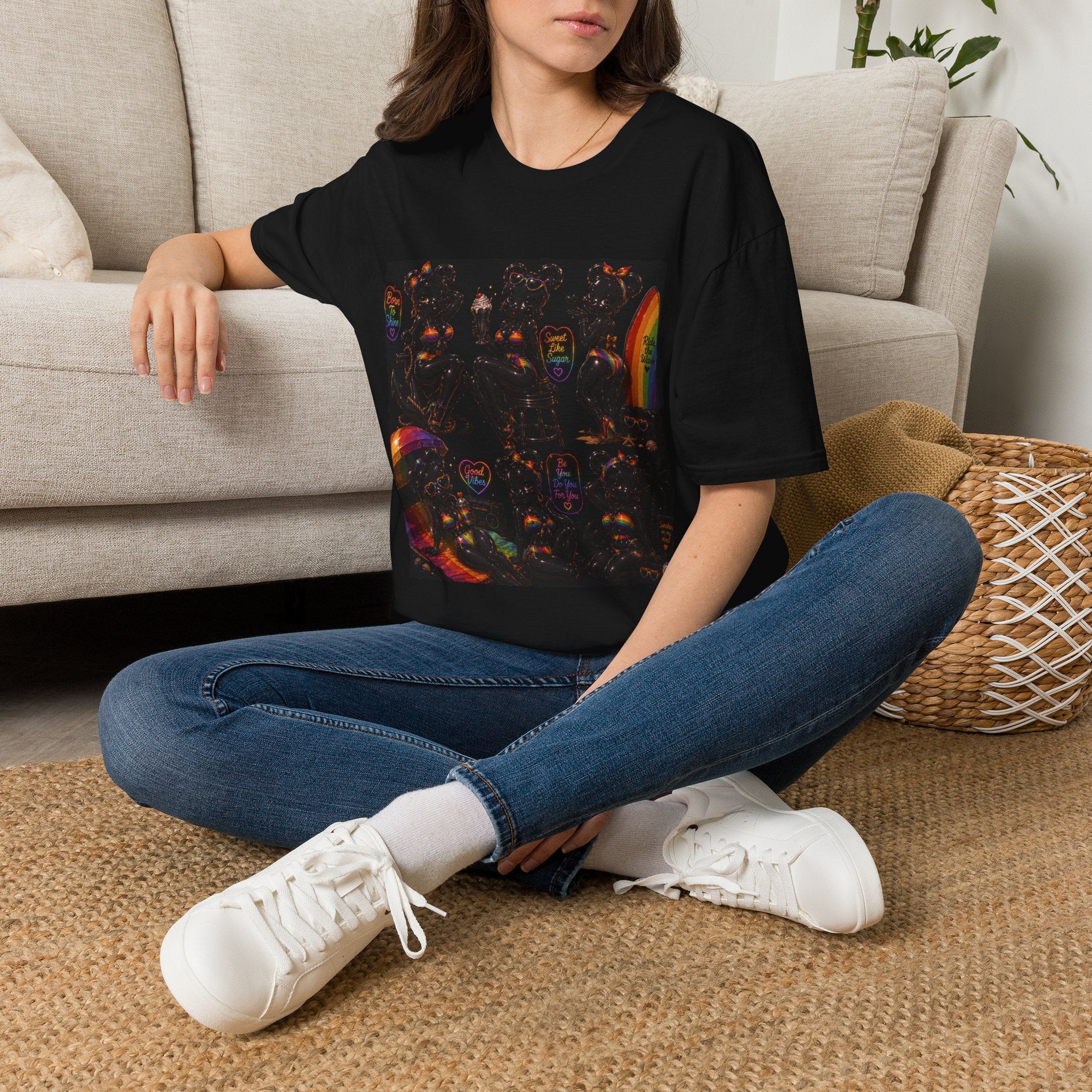 Black & Rainbow Special Addition Oozy Bear Beach Babe Pin Up- Adult Graphic Shirt (18+)