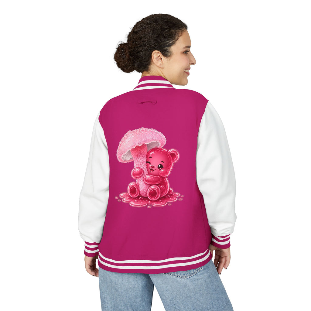 Pretty Pink Mushroom, Gooey Gummy Bear Friend —  Kawaii Graphic Varsity Jacket