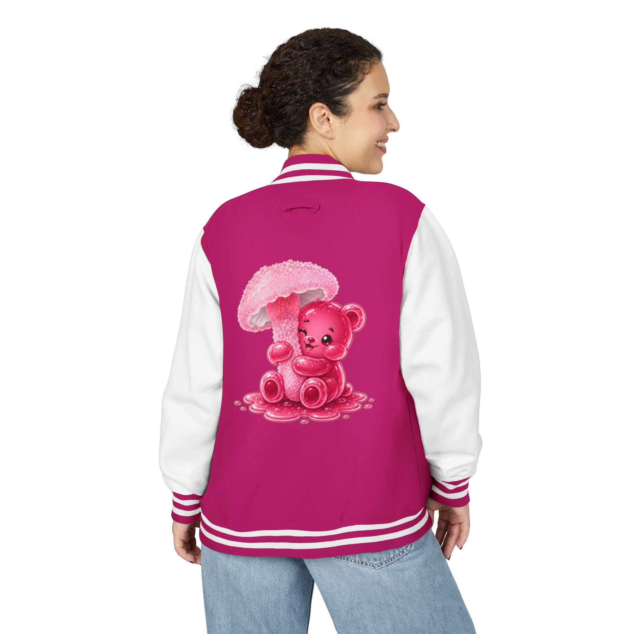 Pretty Pink Mushroom, Gooey Gummy Bear Friend —  Kawaii Graphic Varsity Jacket