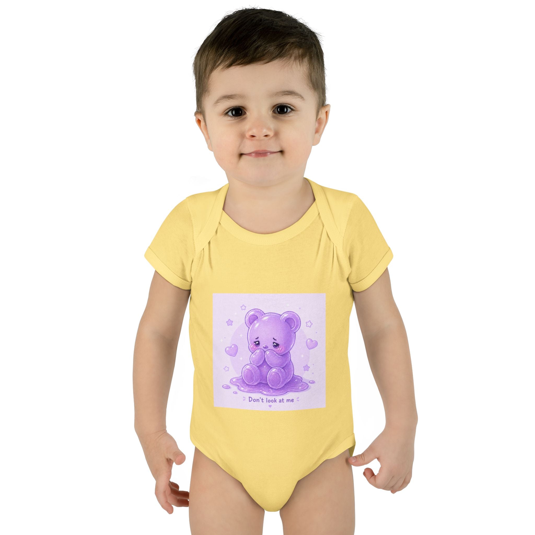 Purple Gooey Gummy Shy bear Baby Bodysuit - "Don't Look at Me" Cute Infant Onesie
