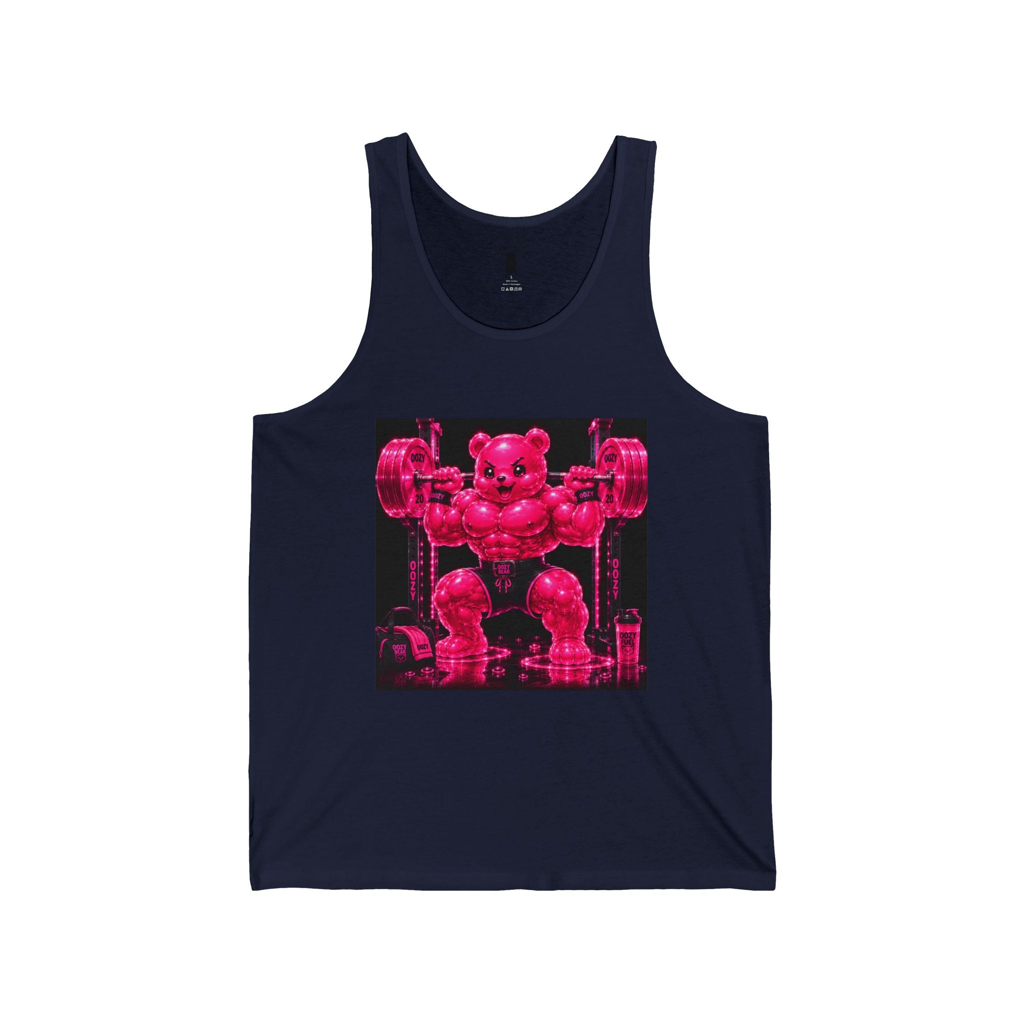 Working Out with Heavy Barbell, Pink Oozy Buff Bear Gummy Gym Addition- Adult Graphic Tank Top