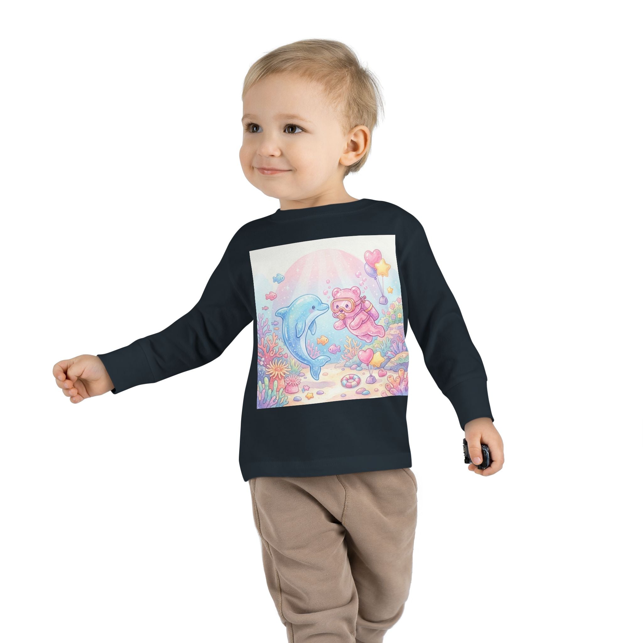 Cute Dolphin & Scuba Oozy Bear Pastel Underwater Friends- Graphic Long Sleeve Shirt