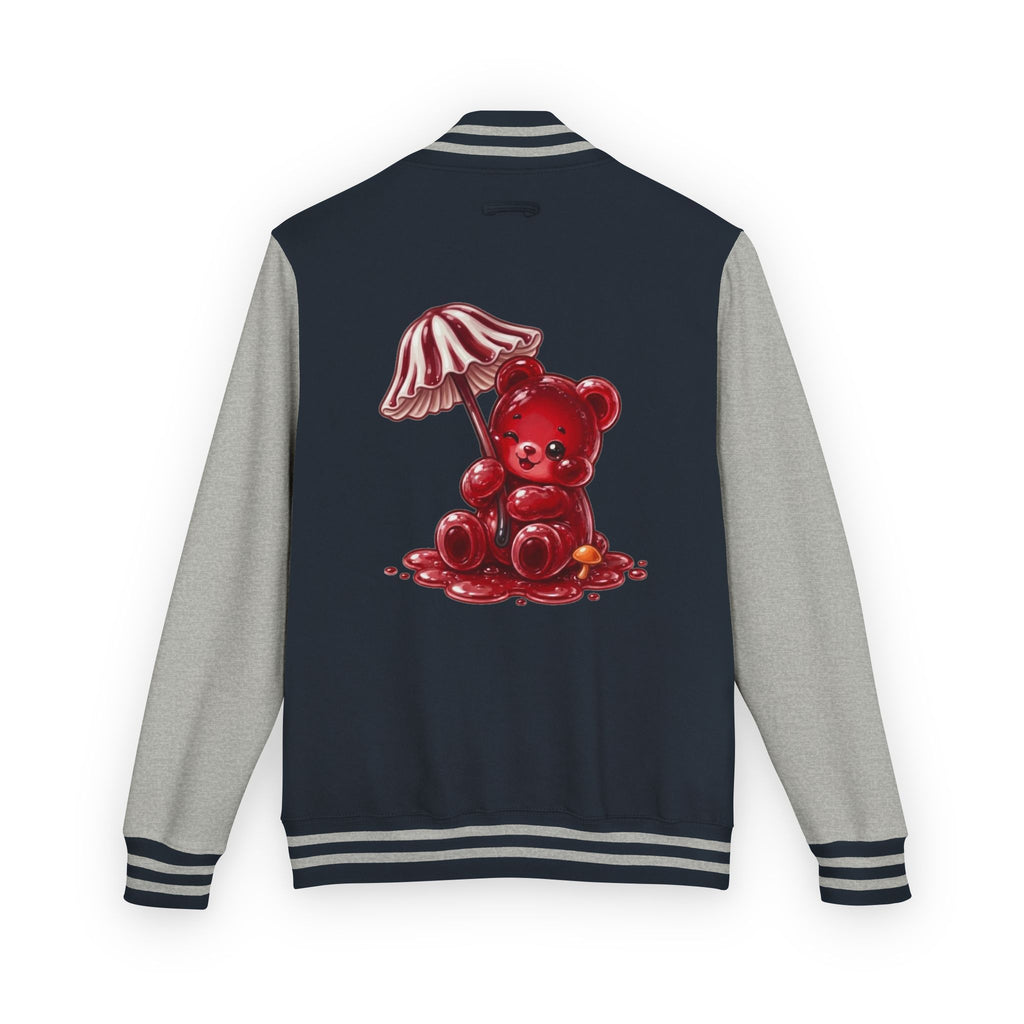 Red Stripped Mushroom Umbrella, Oozy Bear Gummy- Letterman Graphic Jacket
