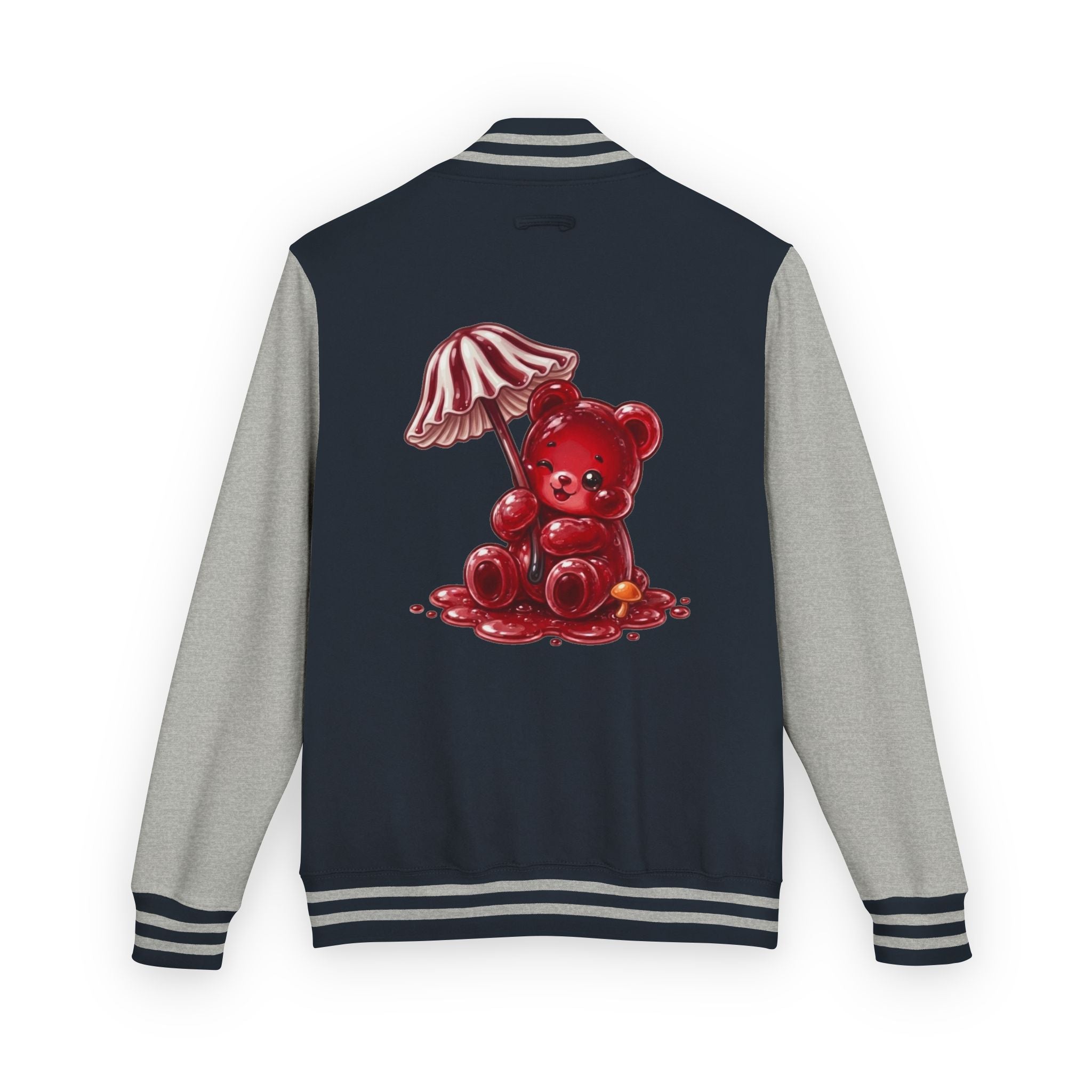Red Stripped Mushroom Umbrella, Oozy Bear Gummy- Letterman Graphic Jacket