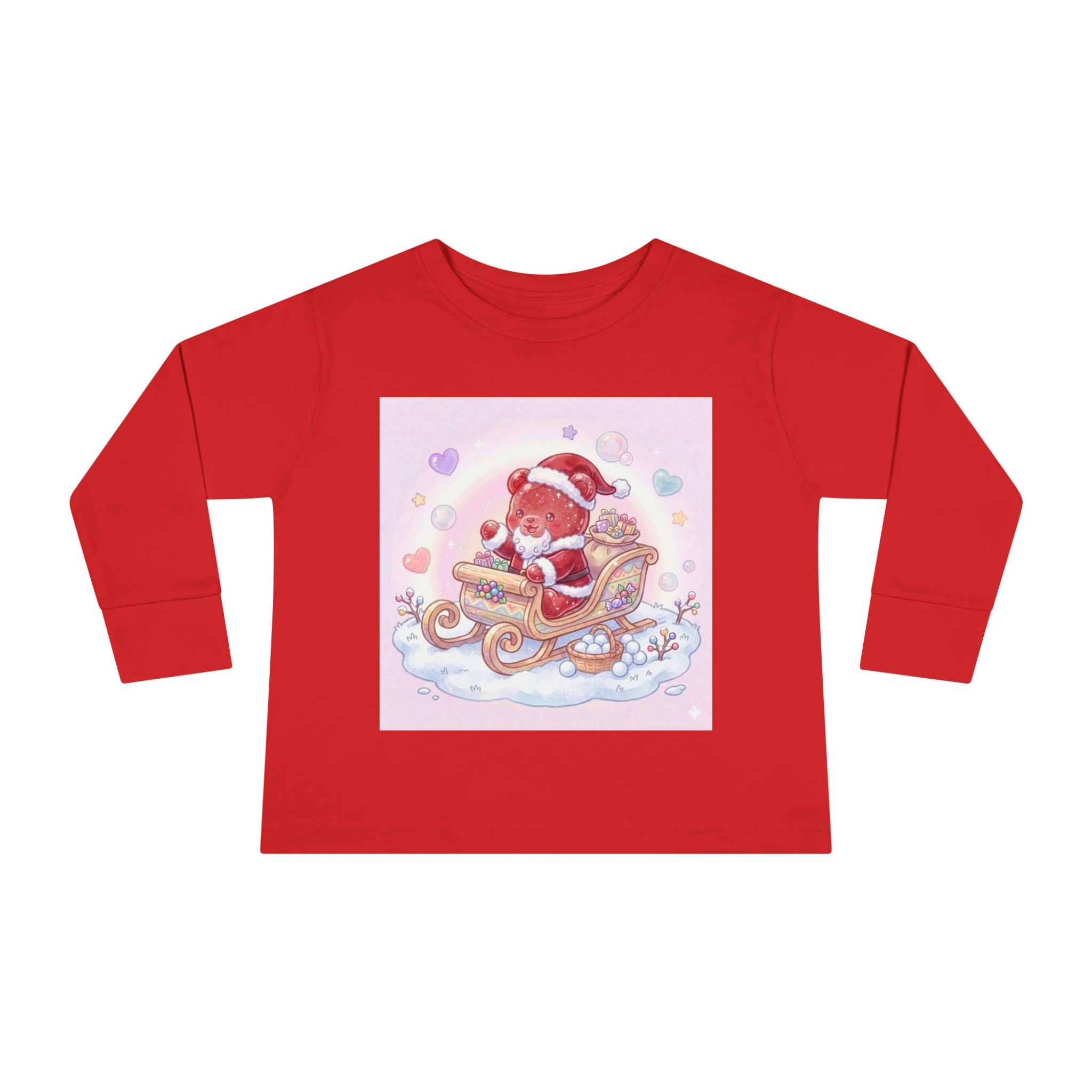 Cute Santa Oozy Bear in Sleigh Christmas- Graphic Long Sleeve Shirt