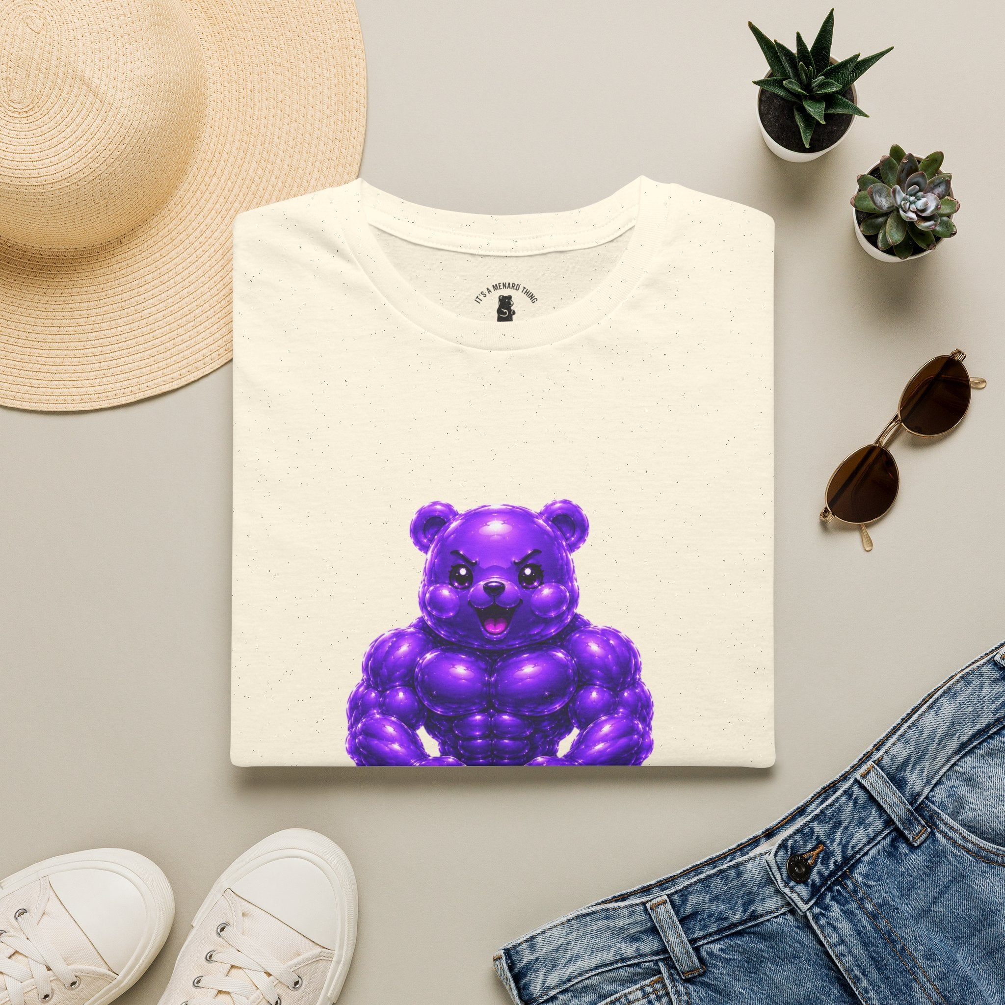 Brawny Violet Oozy Buff Bear with Kettleball Weight- Adult Graphic Shirt (18+)