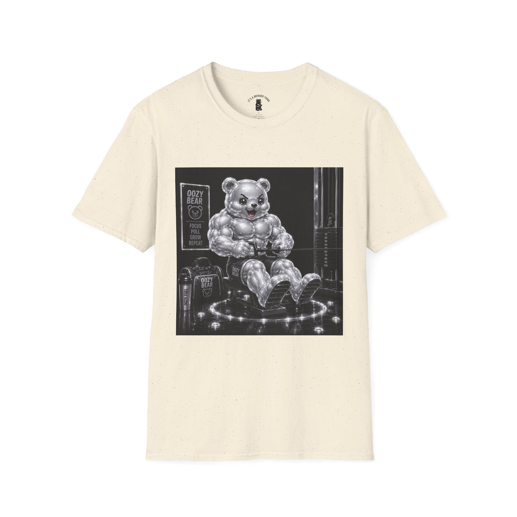 Working on the Bench, Silver Oozy Buff Bear Gummy Gym Addition- Adult Graphic Shirt