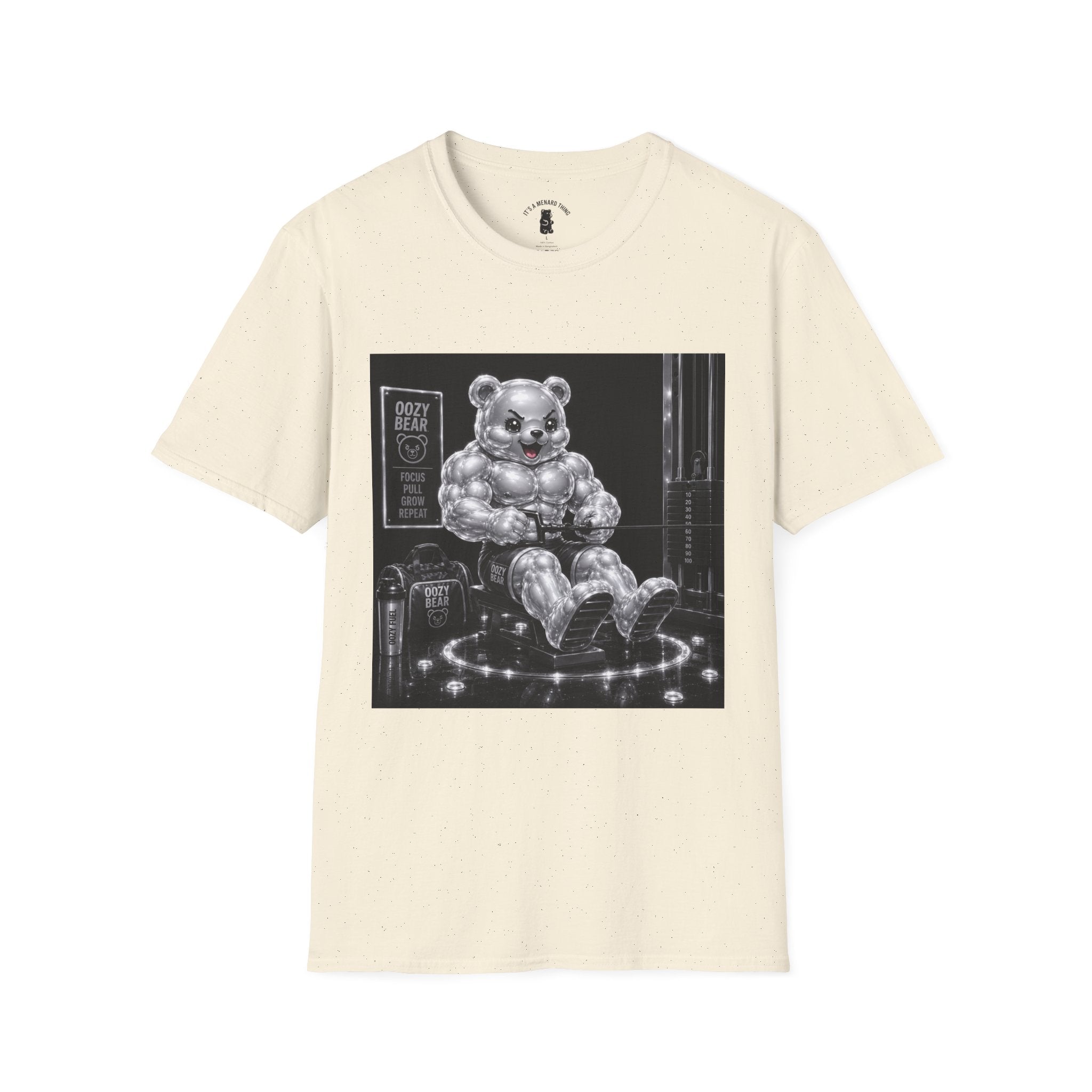 Working on the Bench, Silver Oozy Buff Bear Gummy Gym Addition- Adult Graphic Shirt