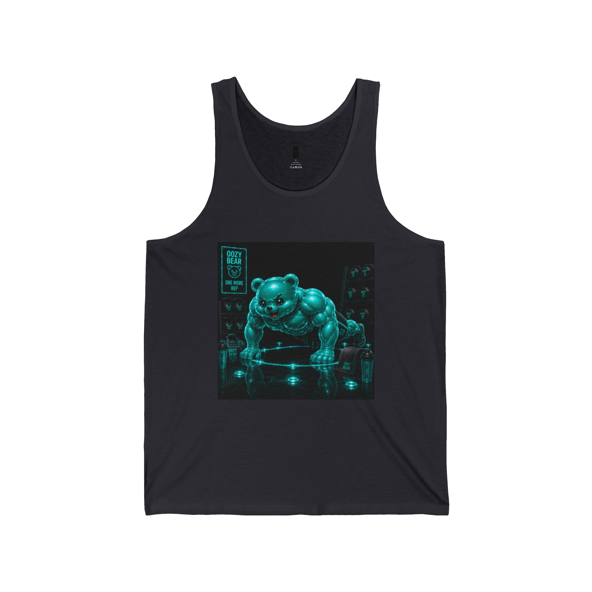 Doing Push Ups, Working Out Teal Oozy Buff Bear Gummy- Adult Graphic Tank Top