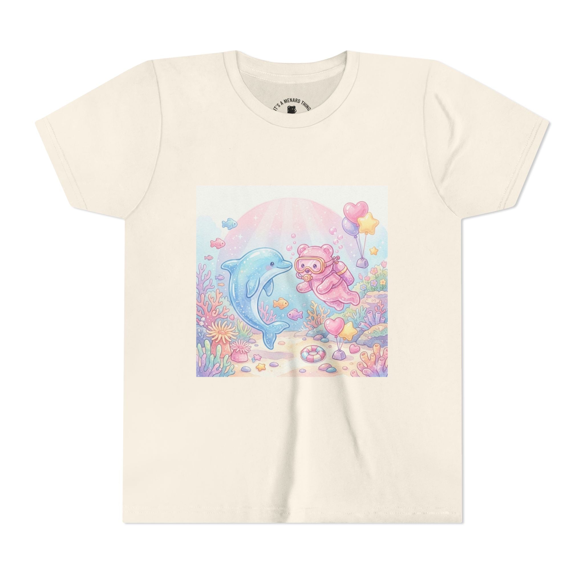Dolphin & Pink Gooey Gummy Bear Underwater Tee — Pastel Ocean Animal Graphic Shirt