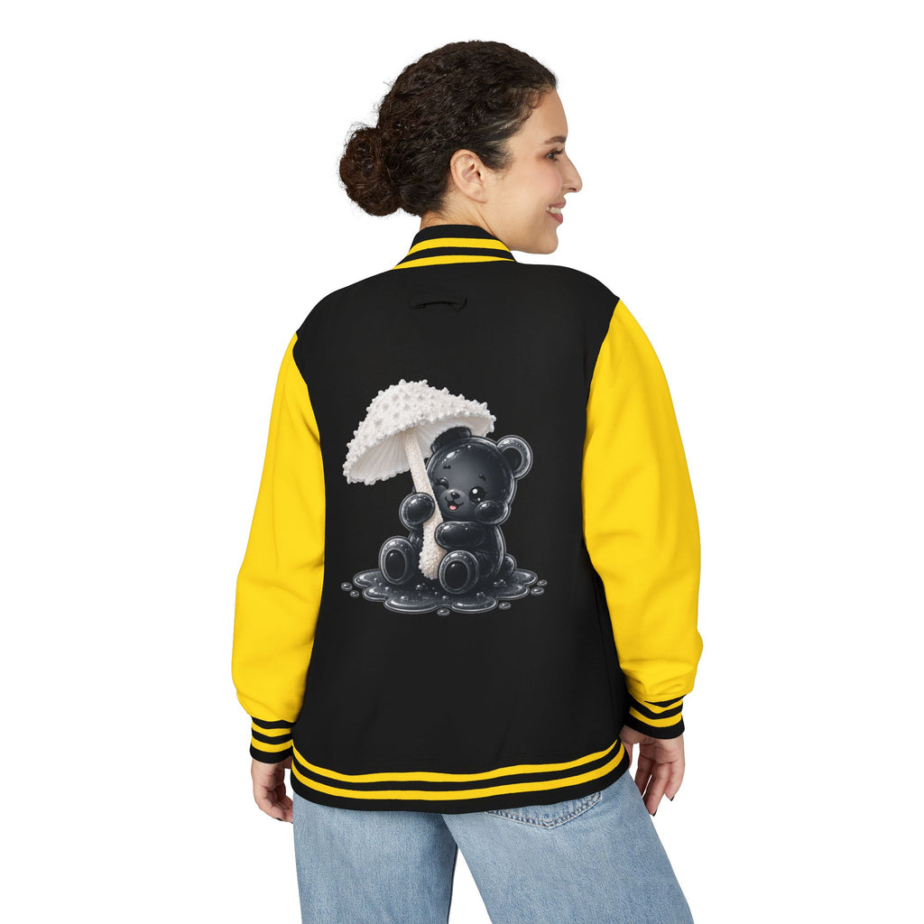 White Mushroom Umbrella, Black Gooey Gummy Bear — Kawaii Graphic Varsity Jacket
