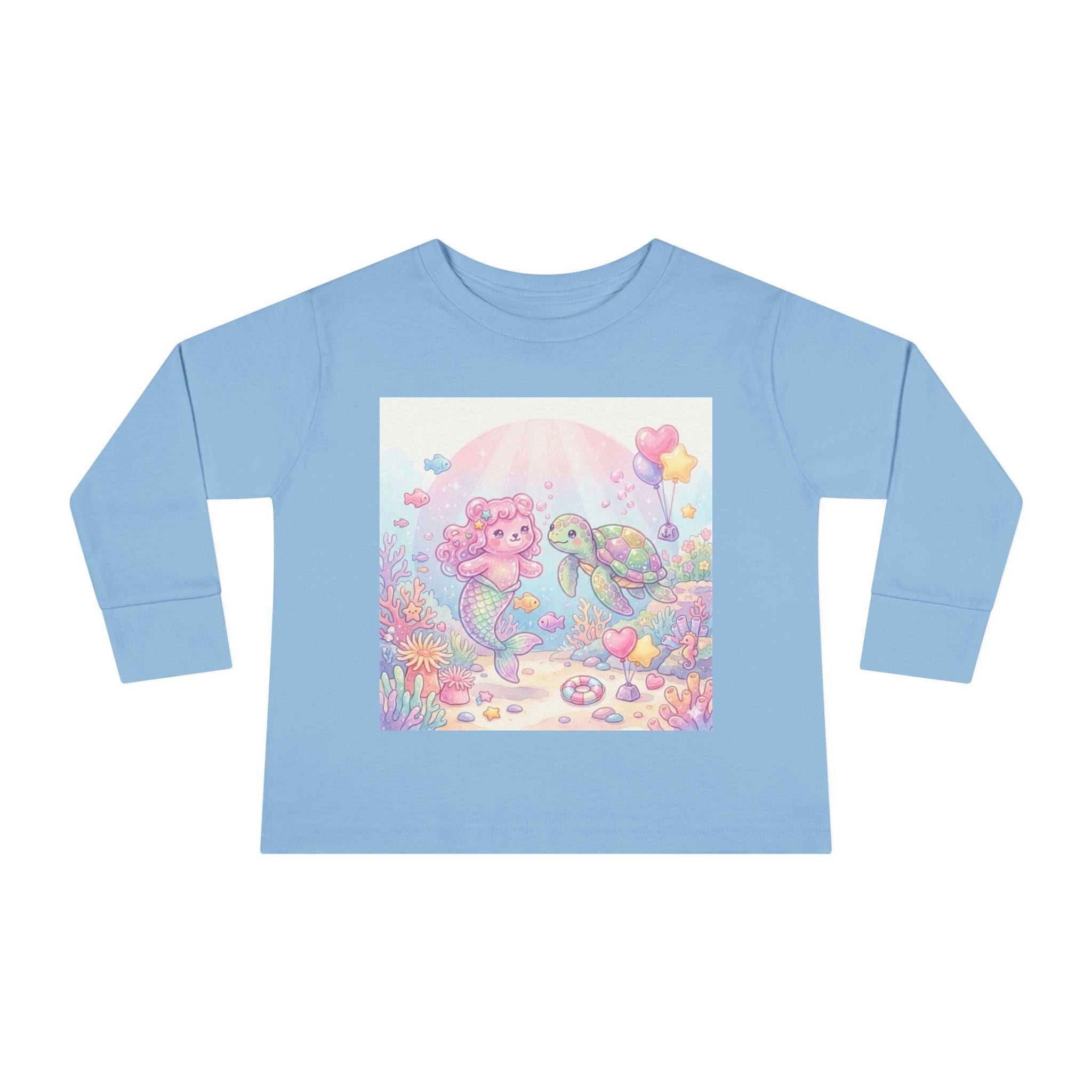 Pastel Oozy Bear Mermaid & Sea Turtle Cute Friends- Graphic Long Sleeve Shirt