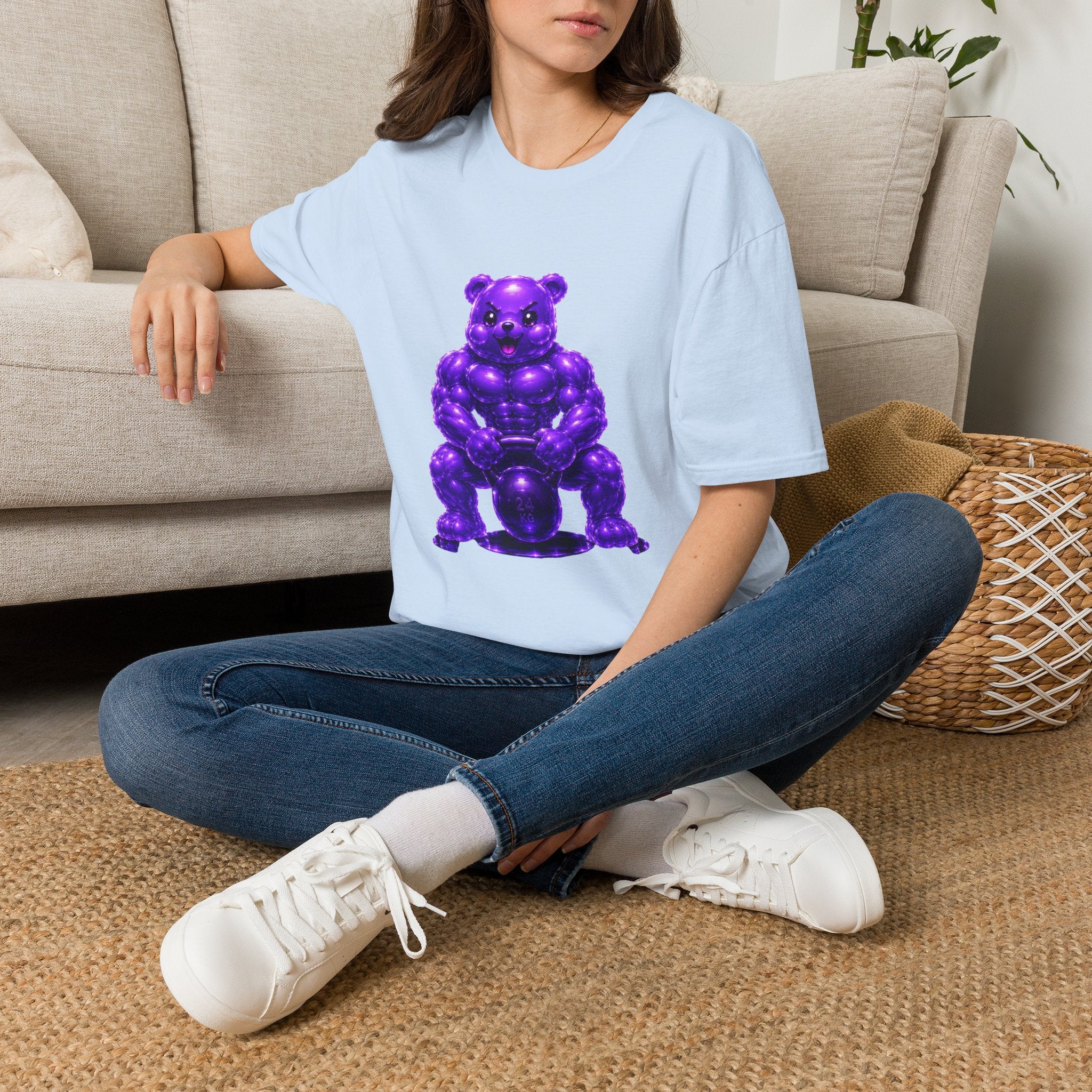 Brawny Violet Oozy Buff Bear with Kettleball Weight- Adult Graphic Shirt (18+)