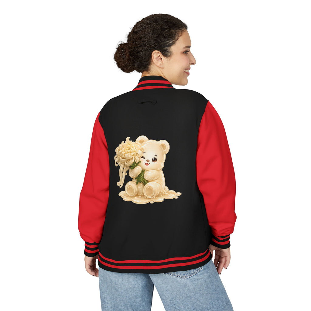 Creamy White Chrysanthemum Flower Addition, White Oozy Bear Gummy Friend- Lettermen Graphic Jacket