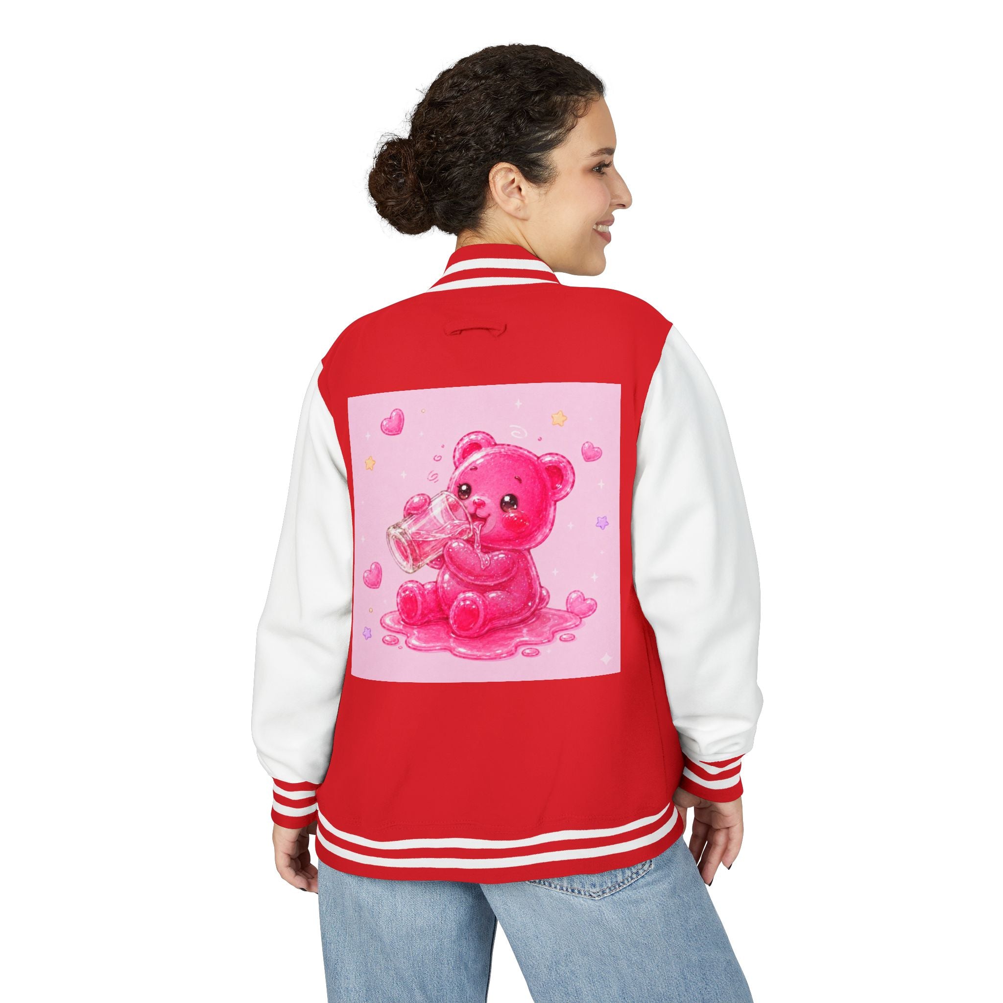 Pink Sugar Shock Shot! Boozy Gooey Gummy Bear — Kawaii Graphic Varsity Jacket