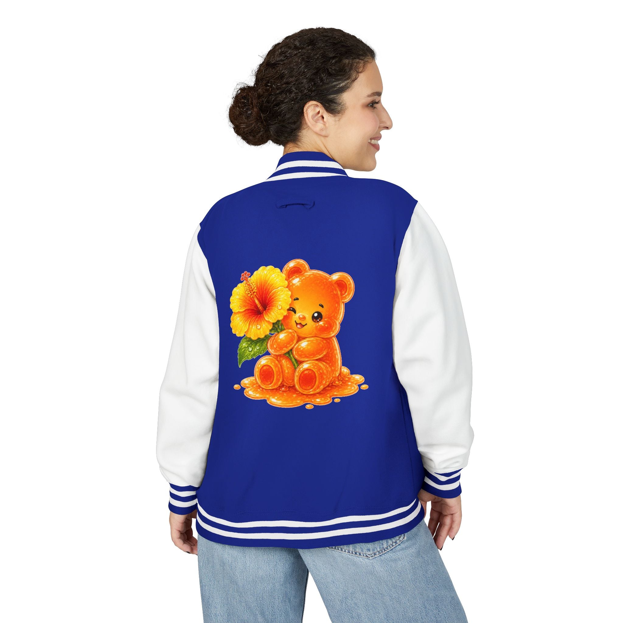 Golden Hibiscus, Yellow Gooey Gummy Bear Friend- Kawaii Varsity Jacket