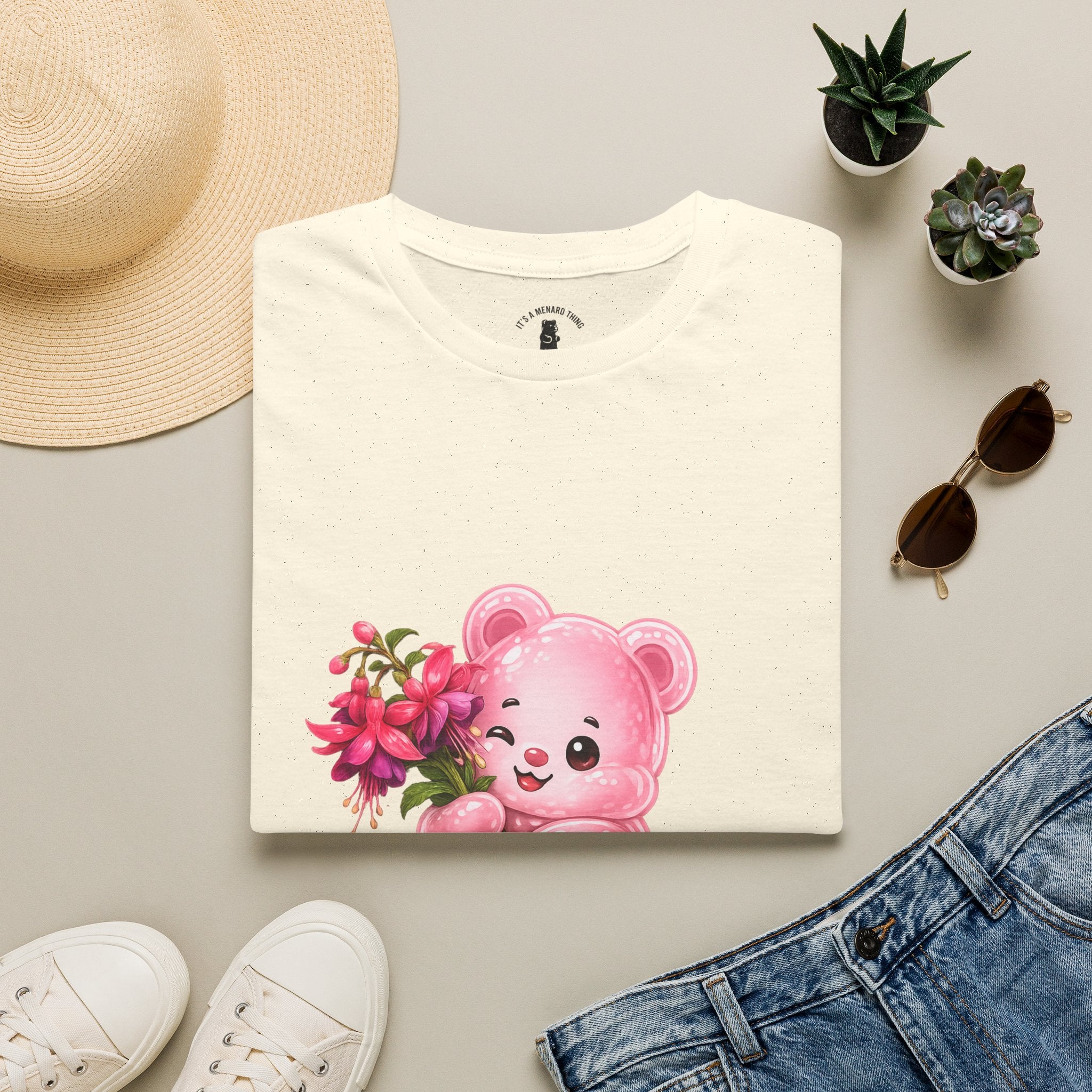 Tropical Pink Flowers, Pretty Pale Oozy Bear Friend- Graphic Shirt