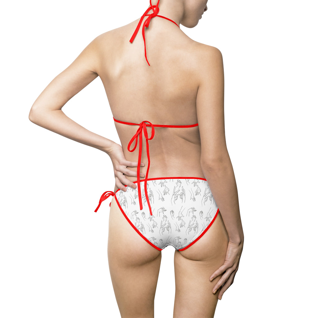 Red-Trim White Bikini with Subtle Floral Print — Women's Tie-Side Swimsuit