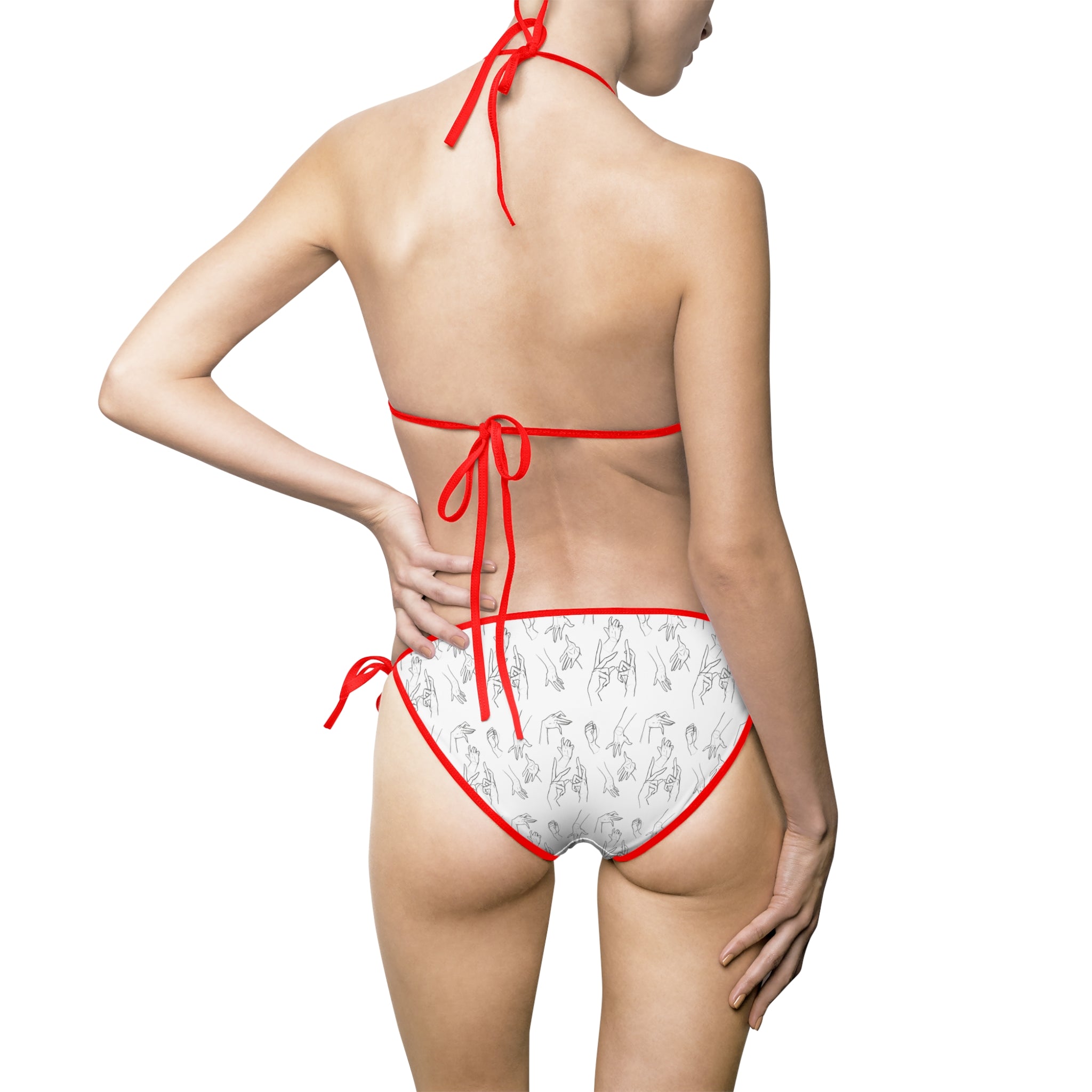 Red-Trim White Bikini with Subtle Floral Print — Women's Tie-Side Swimsuit