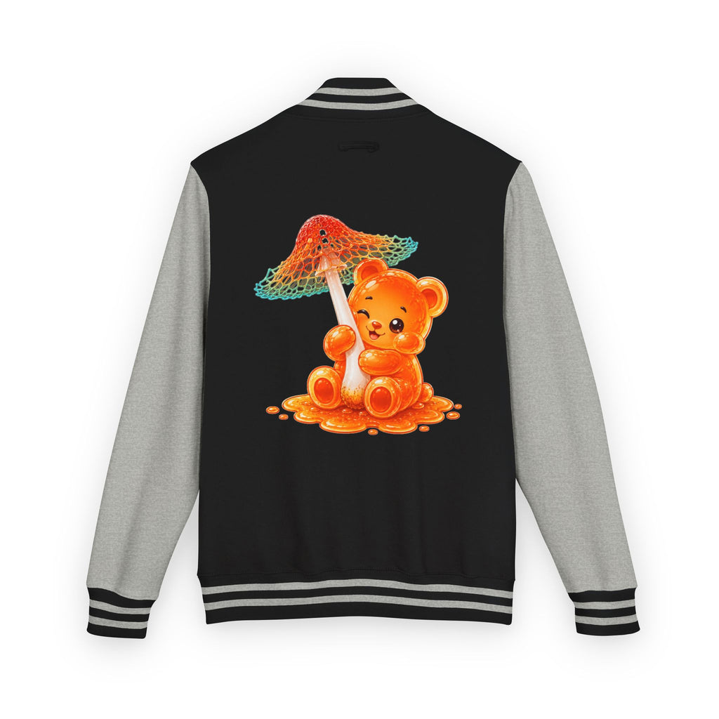 Pretty Orange and Teal Mushroom, Gooey Gummy Bear Friend — Kawaii Graphic Varsity Jacket