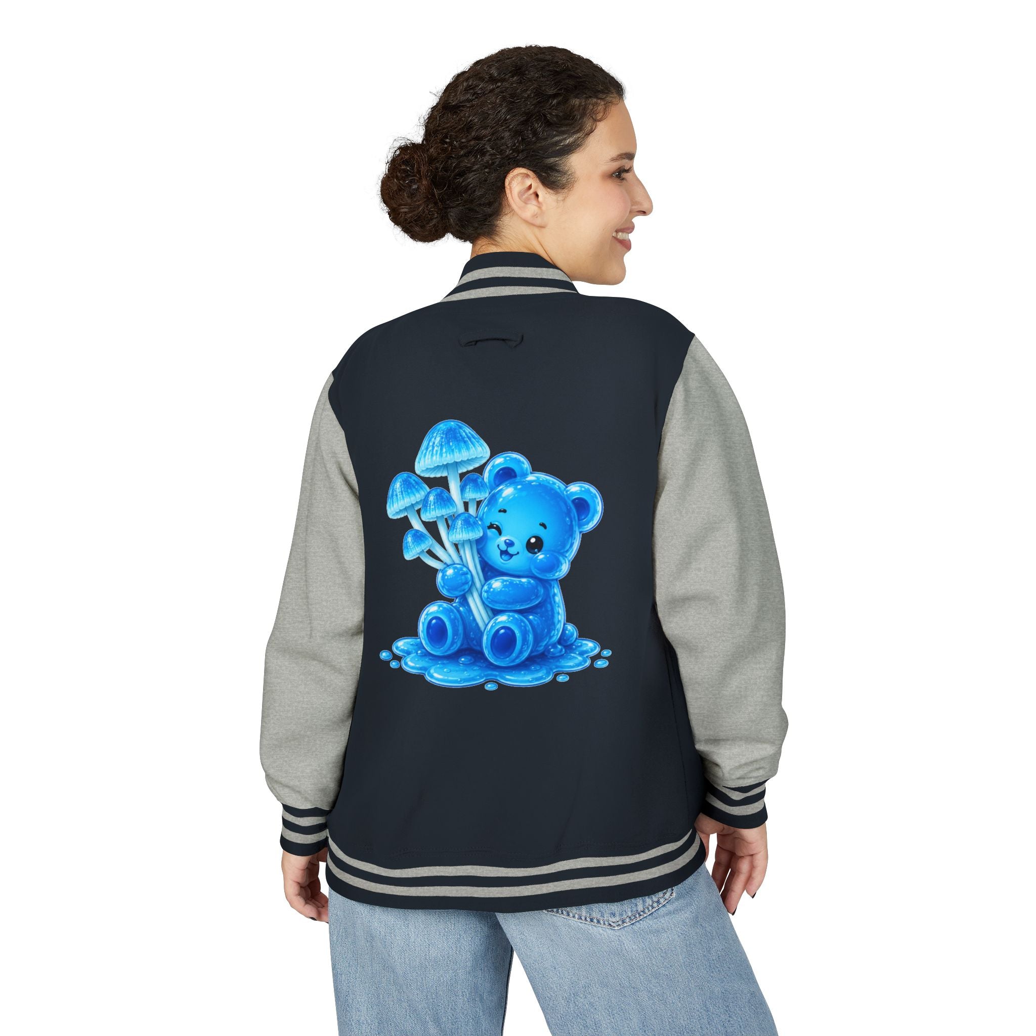 Pretty Blue Mushrooms, Gooey Gummy Bear Friend — Kawaii Graphic Varsity Jacket