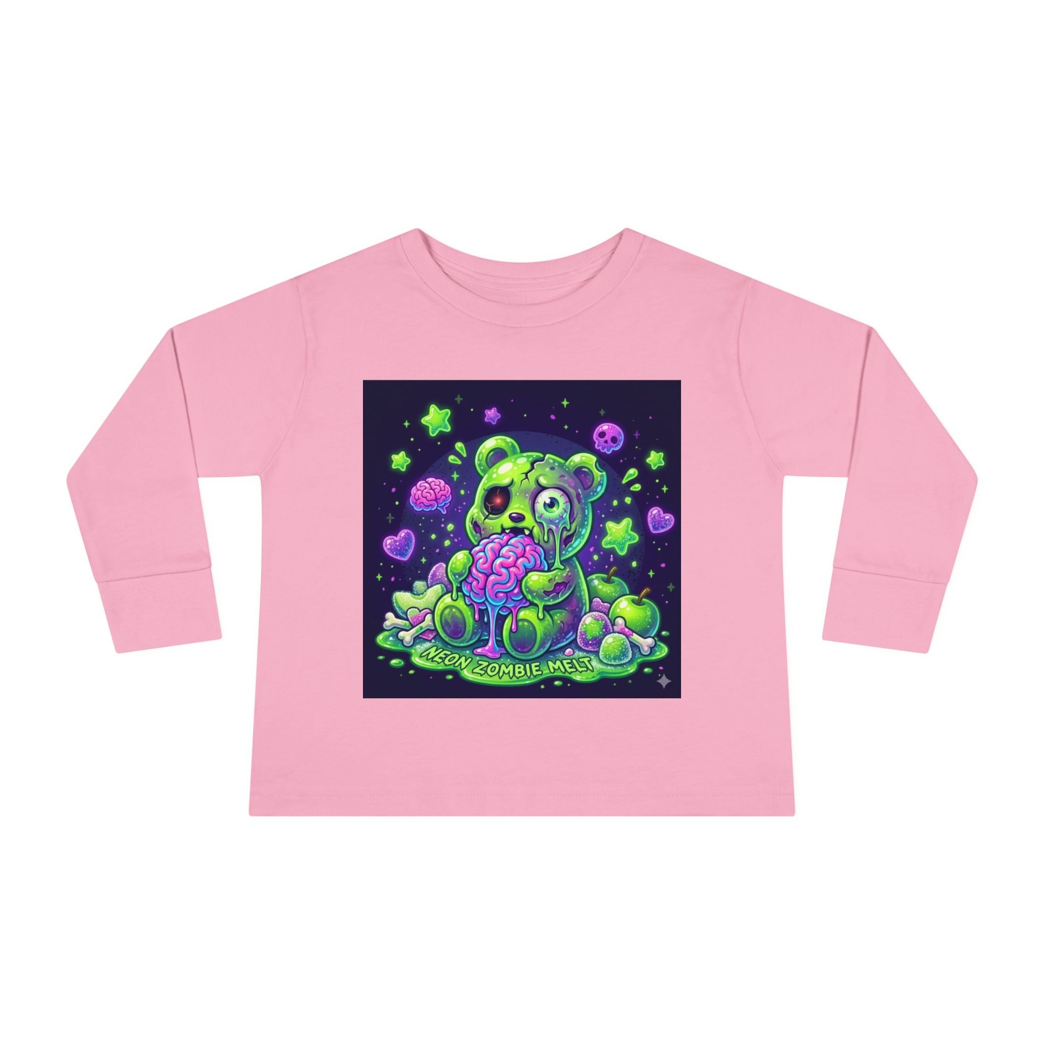 Neon Zombie Oozy Bear Gummy Halloween Addition- Kids Graphic Long Sleeve Shirt