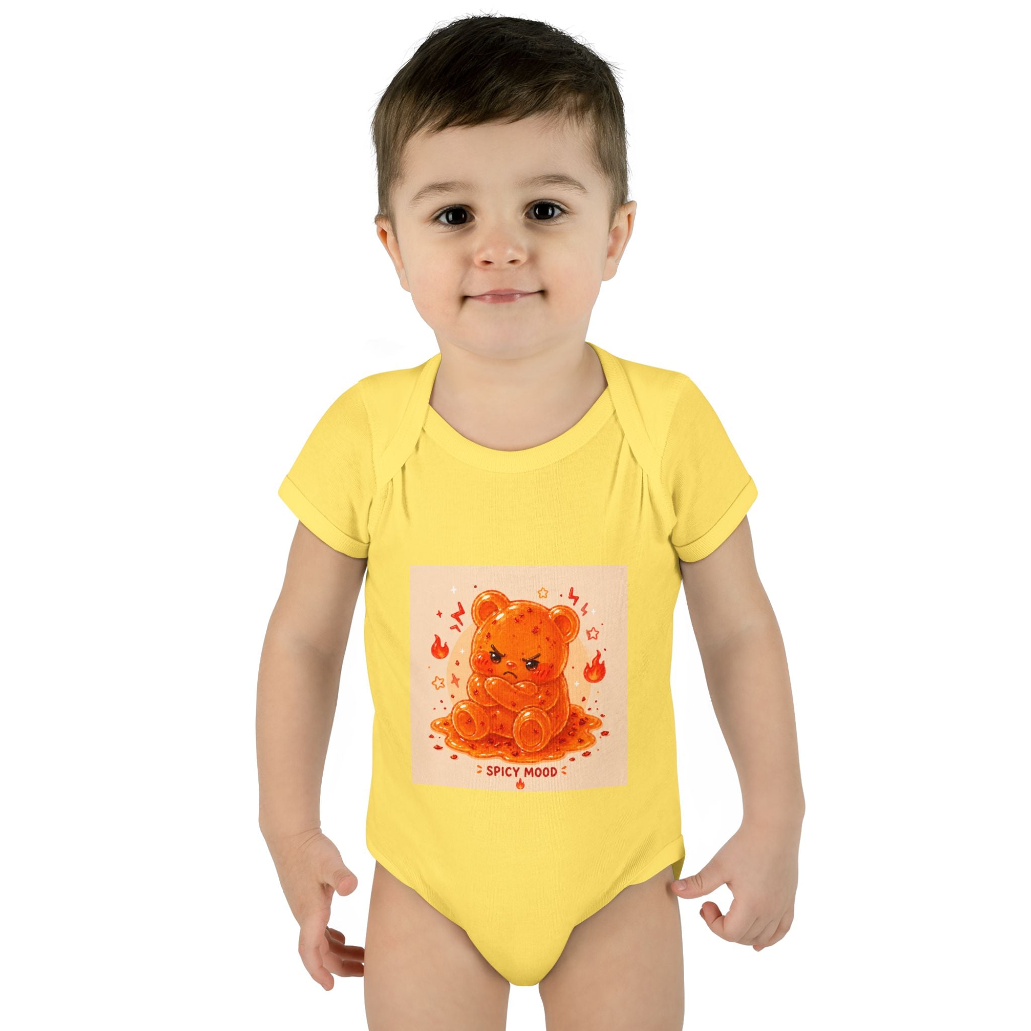 Spicy Mood Orange Gooey Gummy Bear Bodysuit — Cute Hot Pepper Bear Baby Onesie