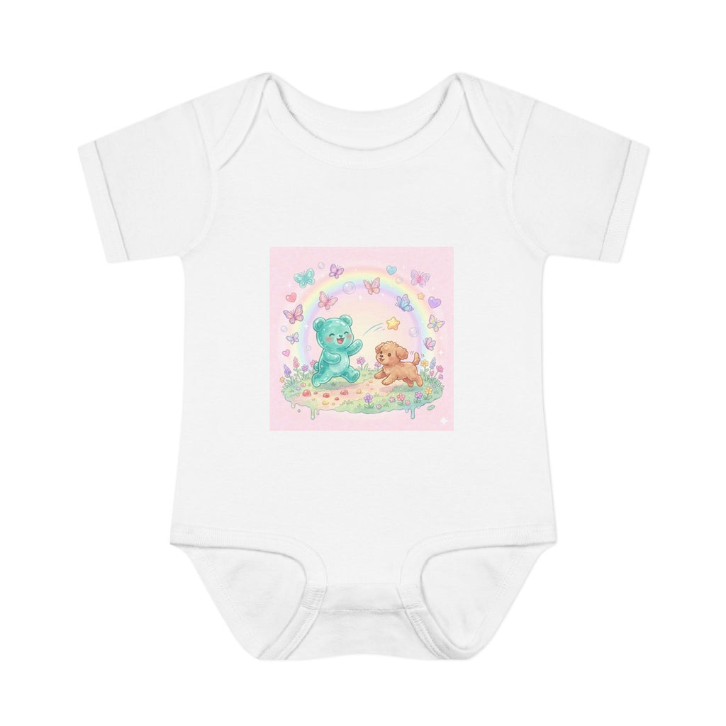 Gooey Gummy Playing Fetch with Puppy, Cute Infant Onesie