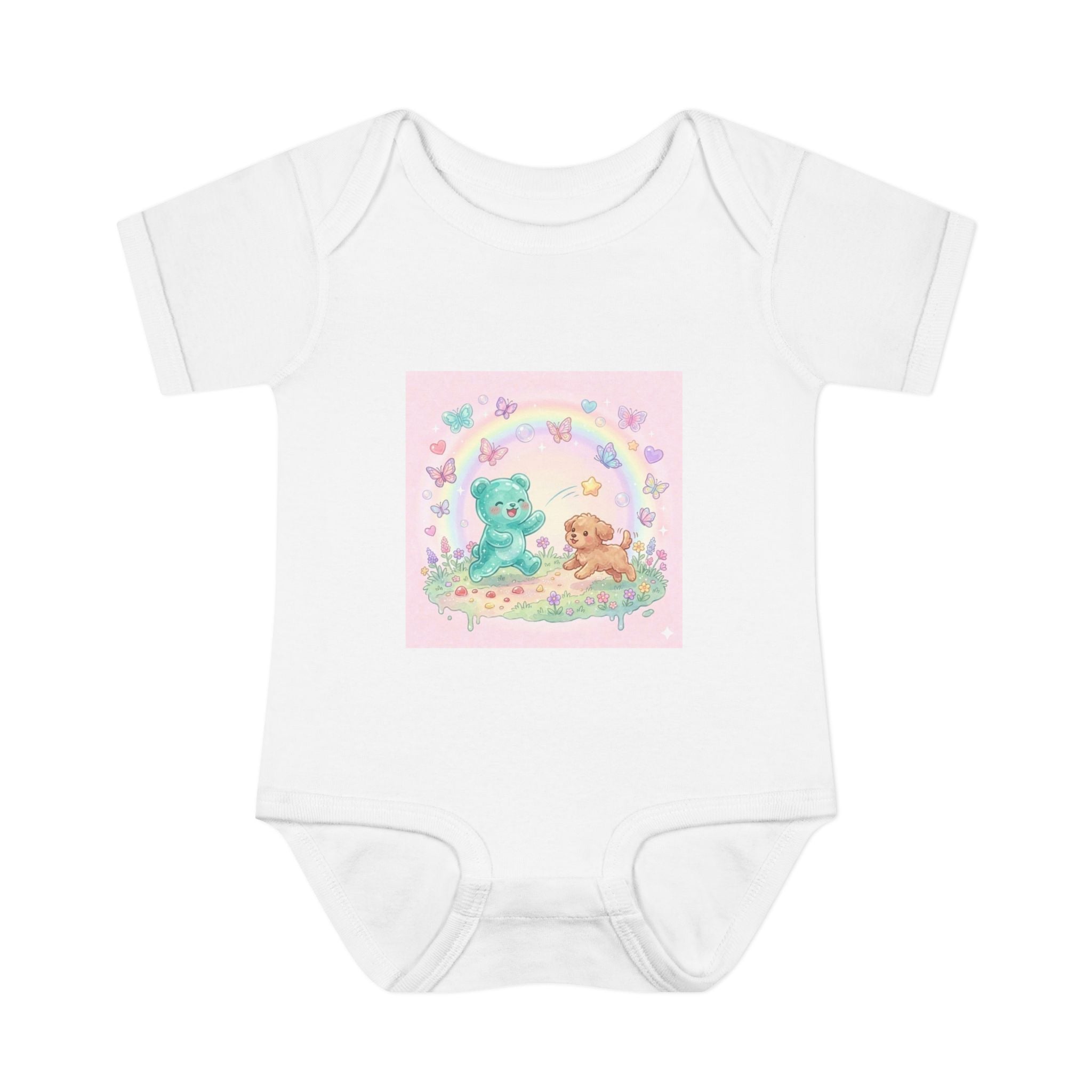 Gooey Gummy Playing Fetch with Puppy, Cute Infant Onesie