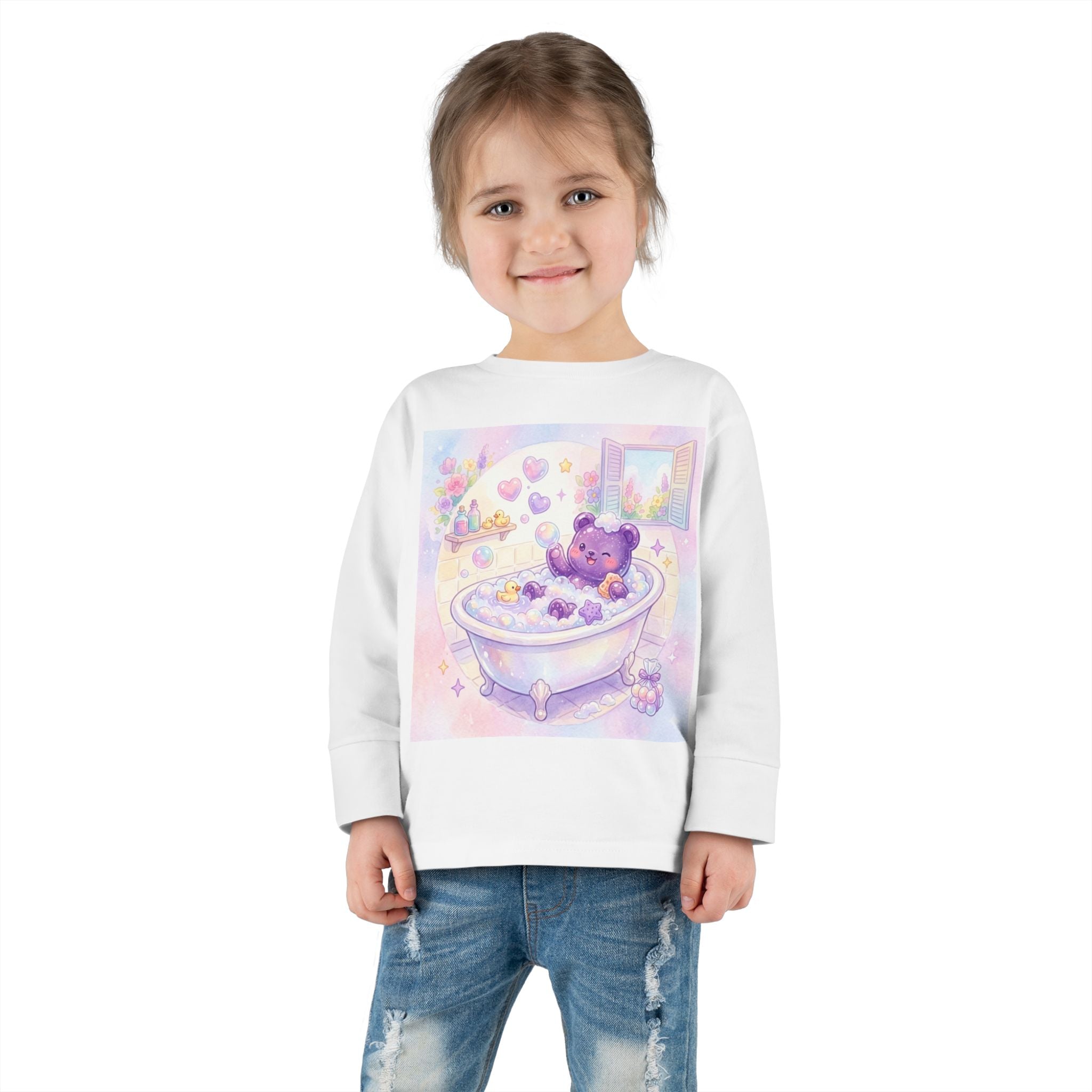 Bath Time, Nighttime Oozy Bear Friend- Graphic Long Sleeve Shirt