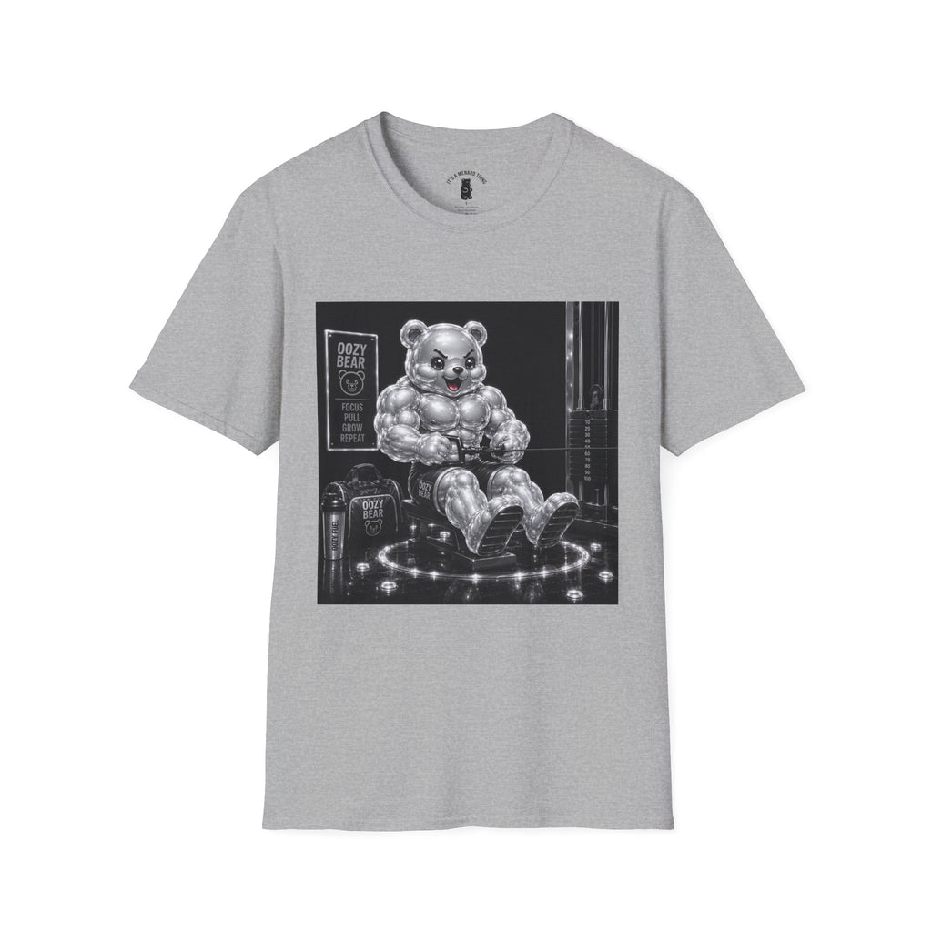 Working on the Bench, Silver Oozy Buff Bear Gummy Gym Addition- Adult Graphic Shirt