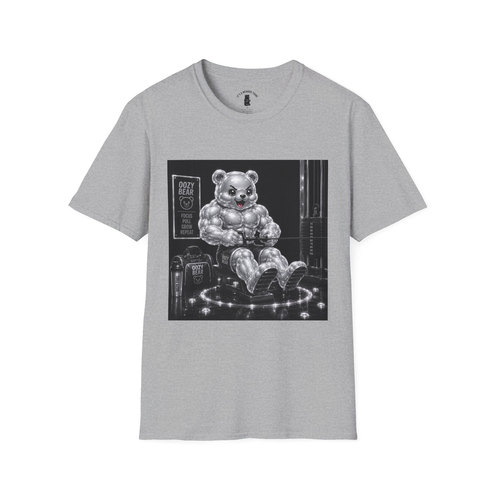Working on the Bench, Silver Oozy Buff Bear Gummy Gym Addition- Adult Graphic Shirt