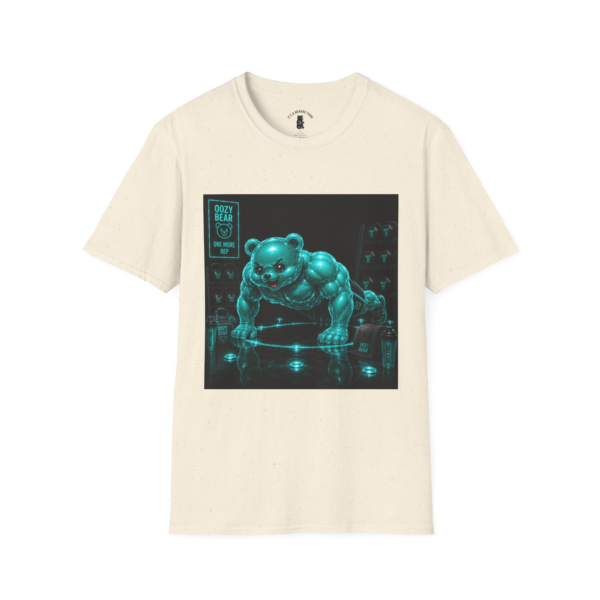 Neon Fitness Push Ups, Teal Oozy Buff Bear Gummy Gym Addition- Adult Graphic Shirt