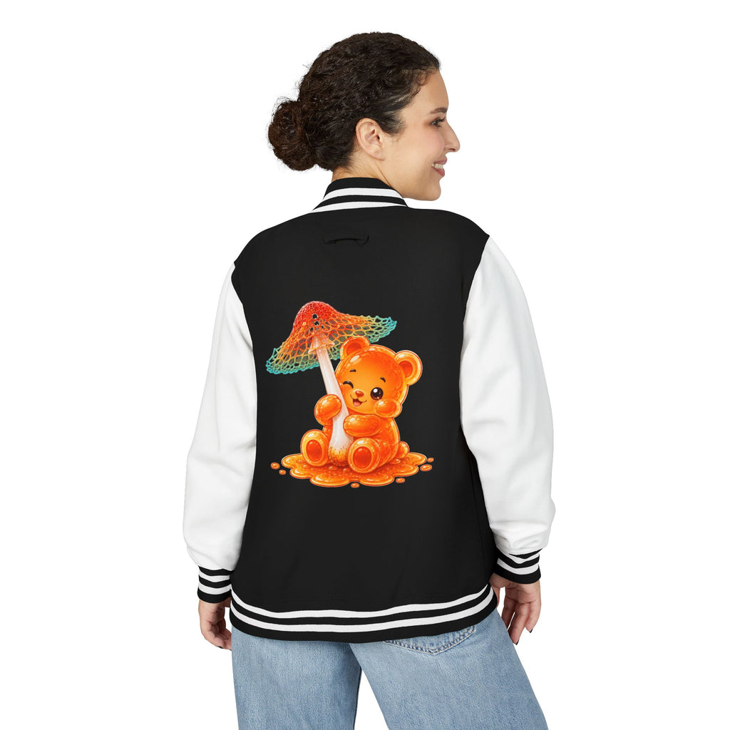 Pretty Orange and Teal Mushroom, Gooey Gummy Bear Friend — Kawaii Graphic Varsity Jacket