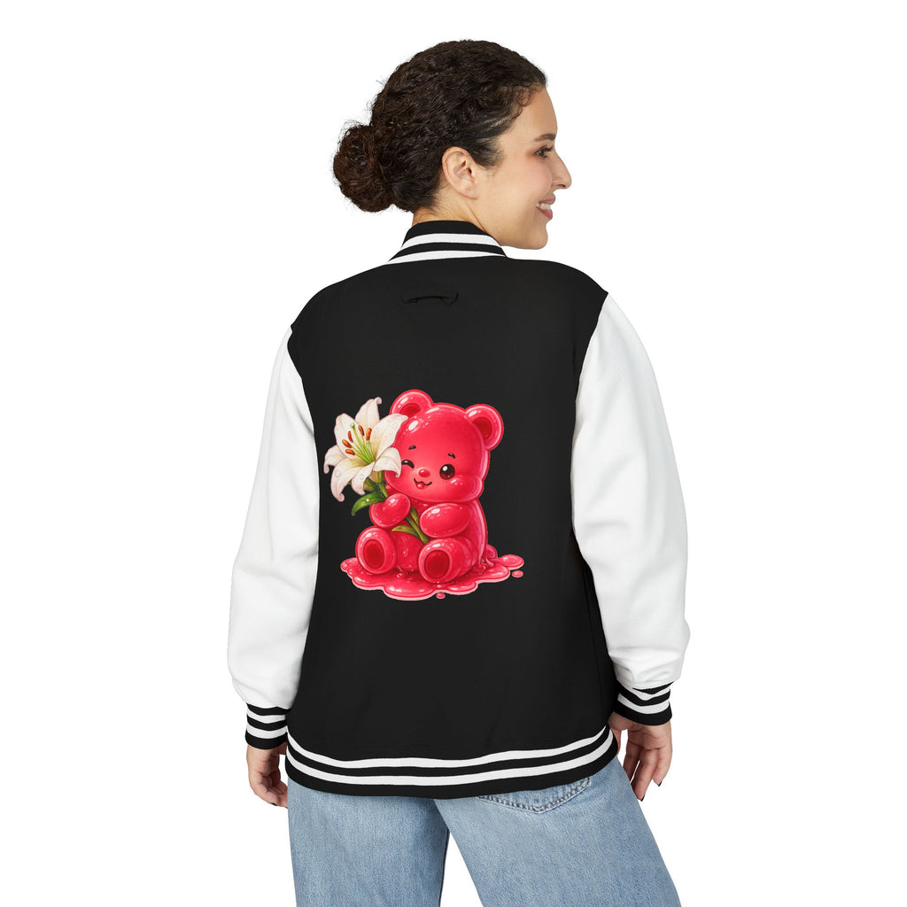 White Lilies, Red Gooey Gummy Friend — Kawaii Graphic Varsity Jacket